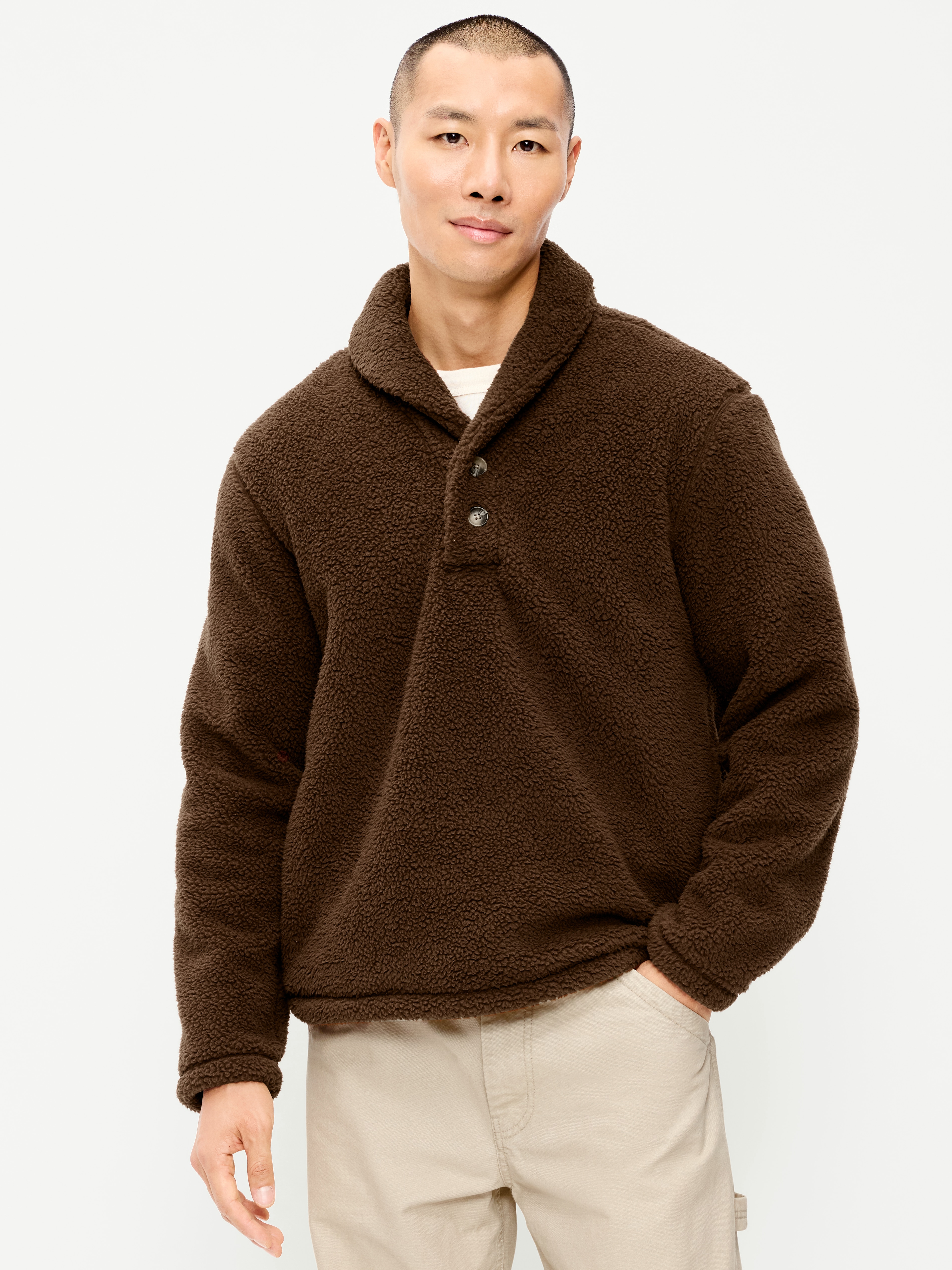 Shawl-Collar Sherpa Pullover - Dark Walnut - 1