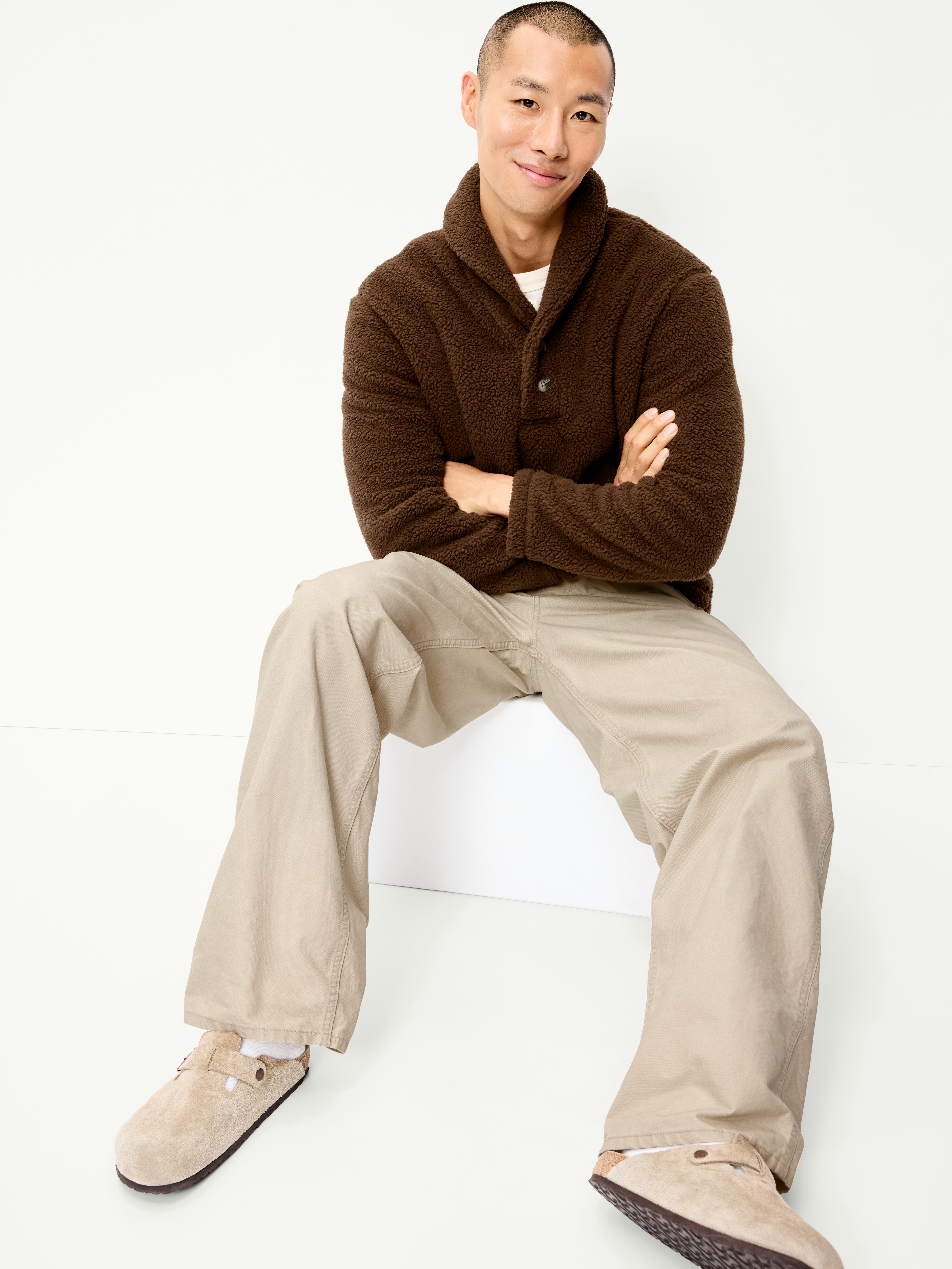 Shawl-Collar Sherpa Pullover - Dark Walnut - 3