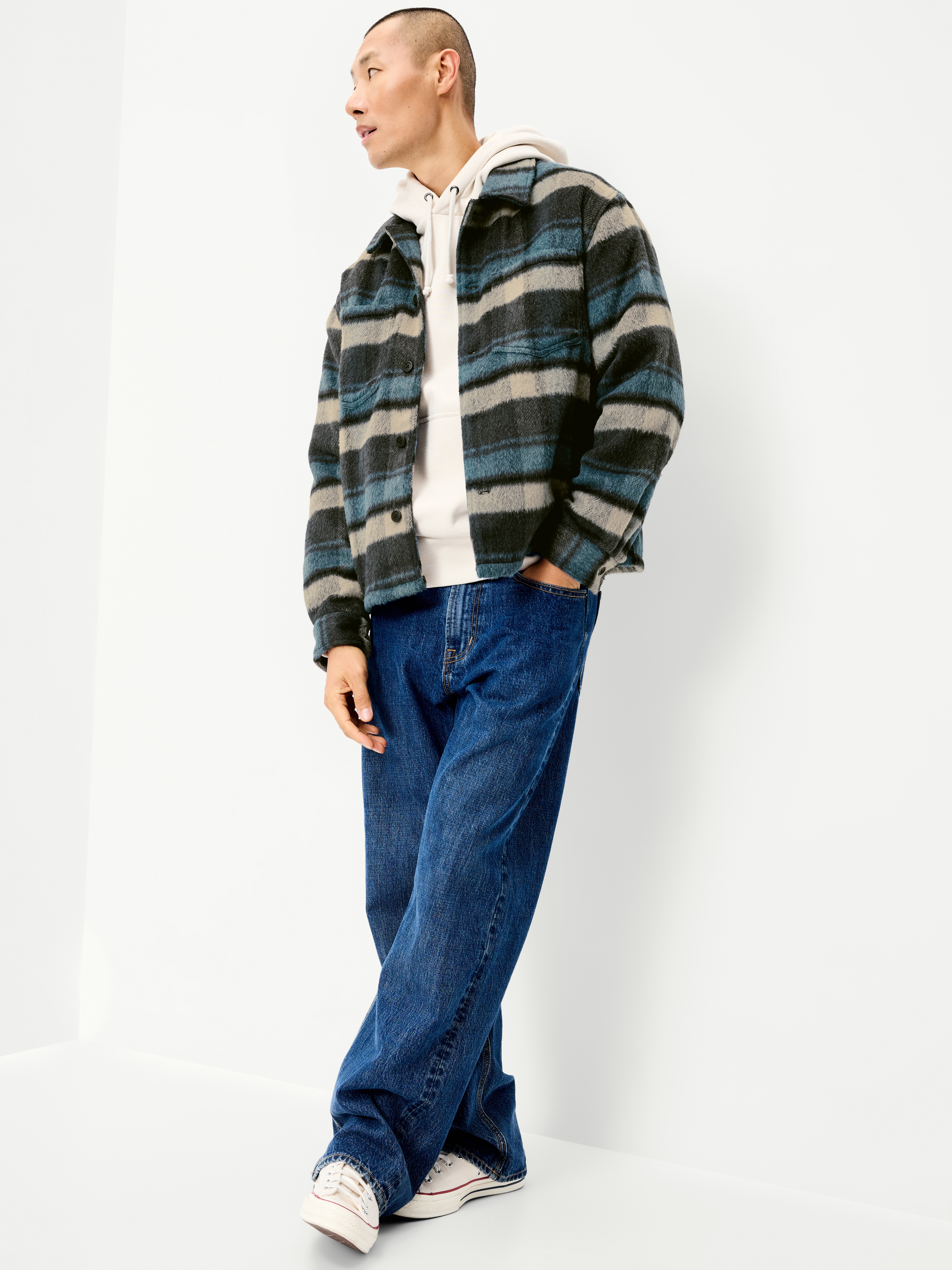 Loose Fit Button-Down Shirt - Blue Plaid - 3