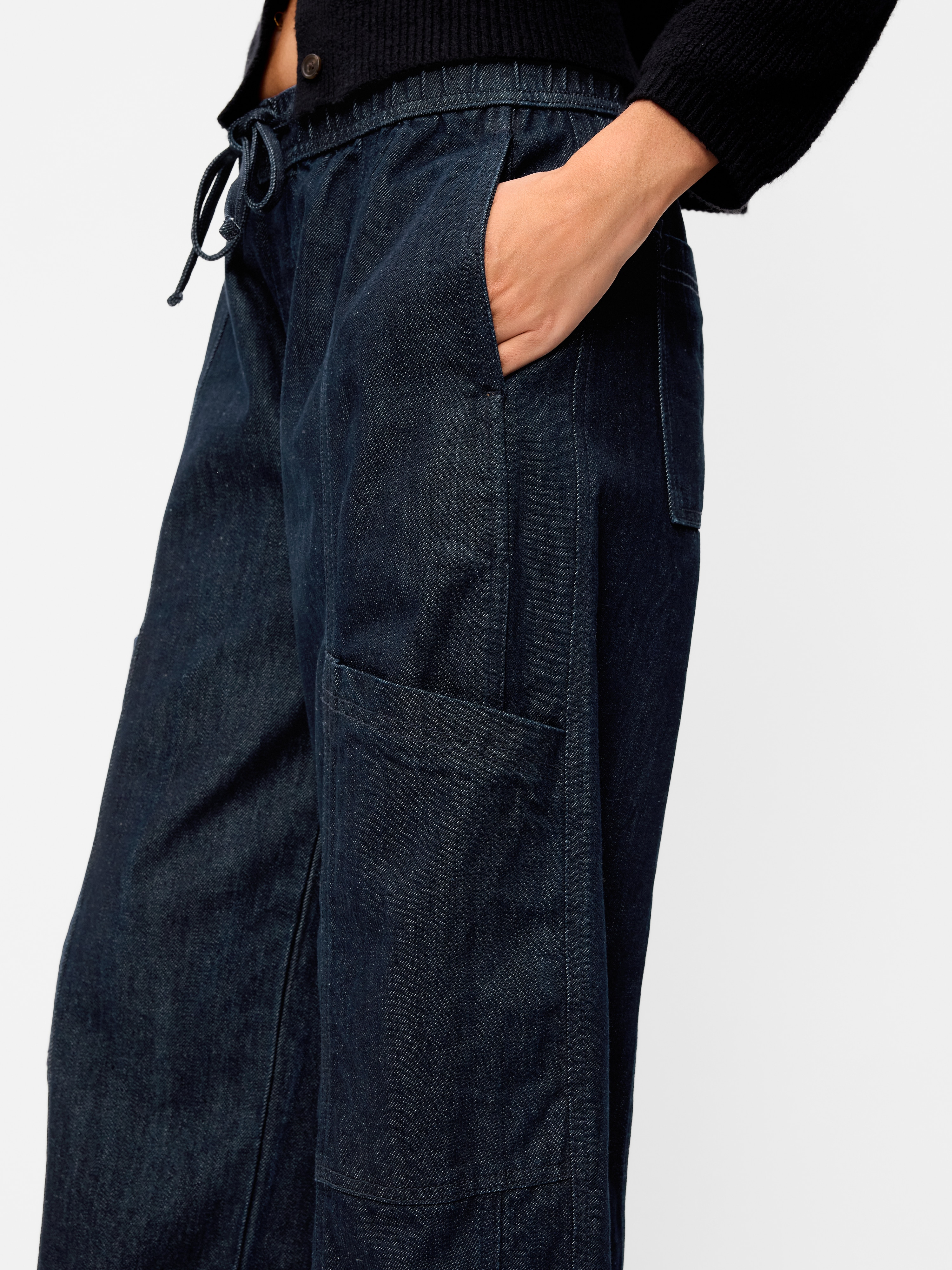 Mid-Rise Barrel-Leg Utility Pants - Dark Wash - 4