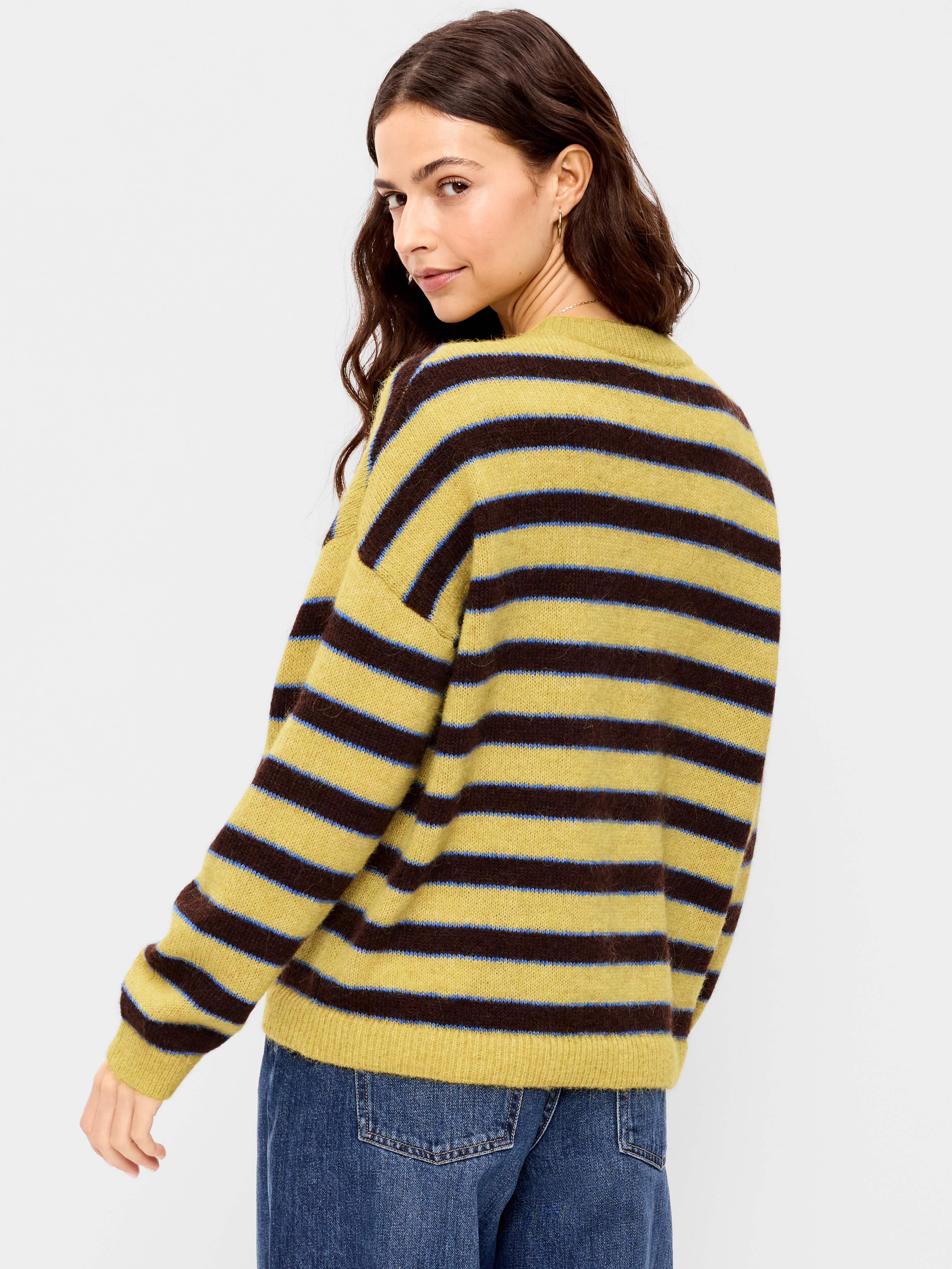 Loose Cozy Wool-Blend Crew-Neck Sweater - Brown/yellow Stripe - 2