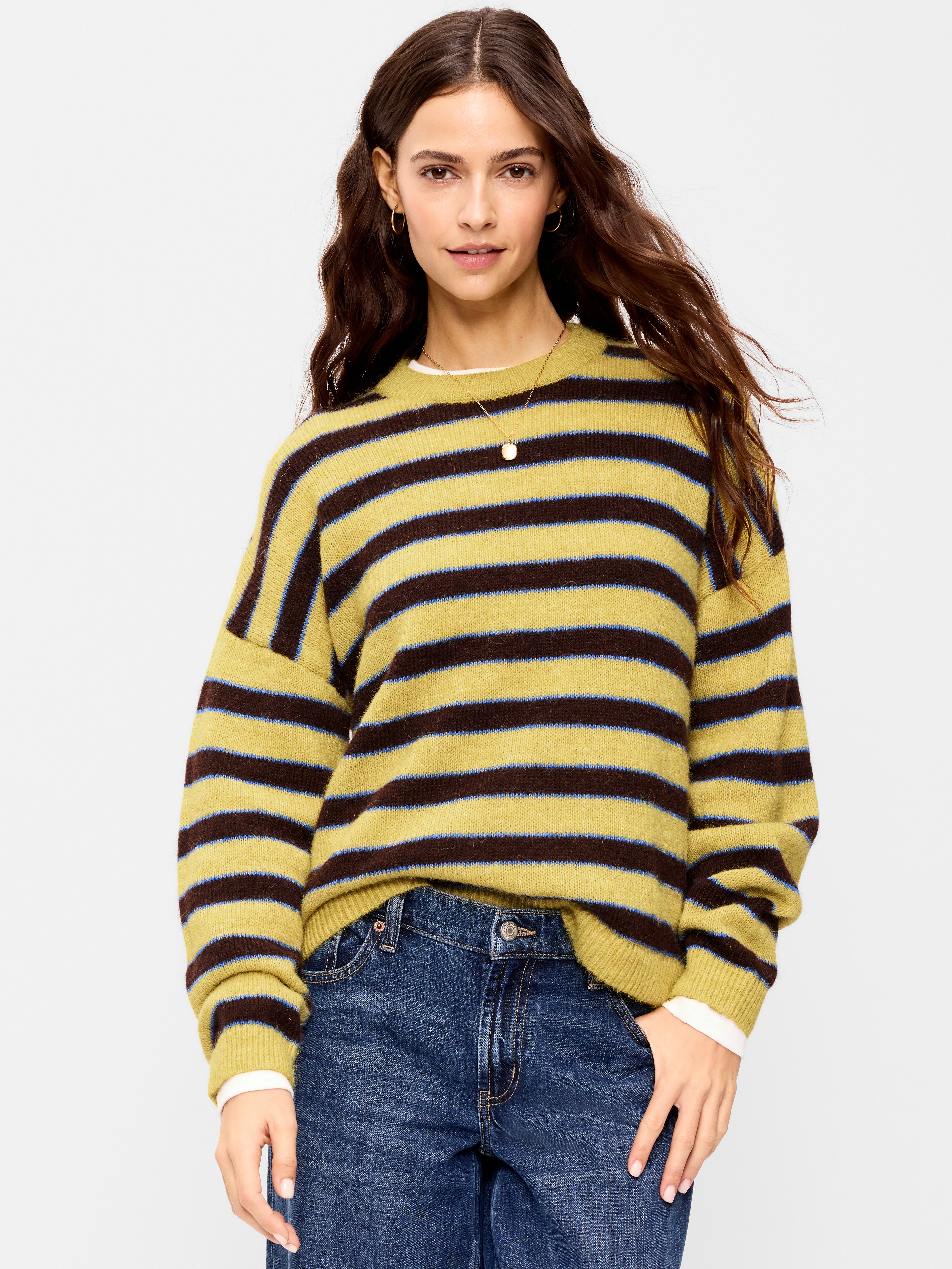 Loose Cozy Wool-Blend Crew-Neck Sweater - Brown/yellow Stripe - 3