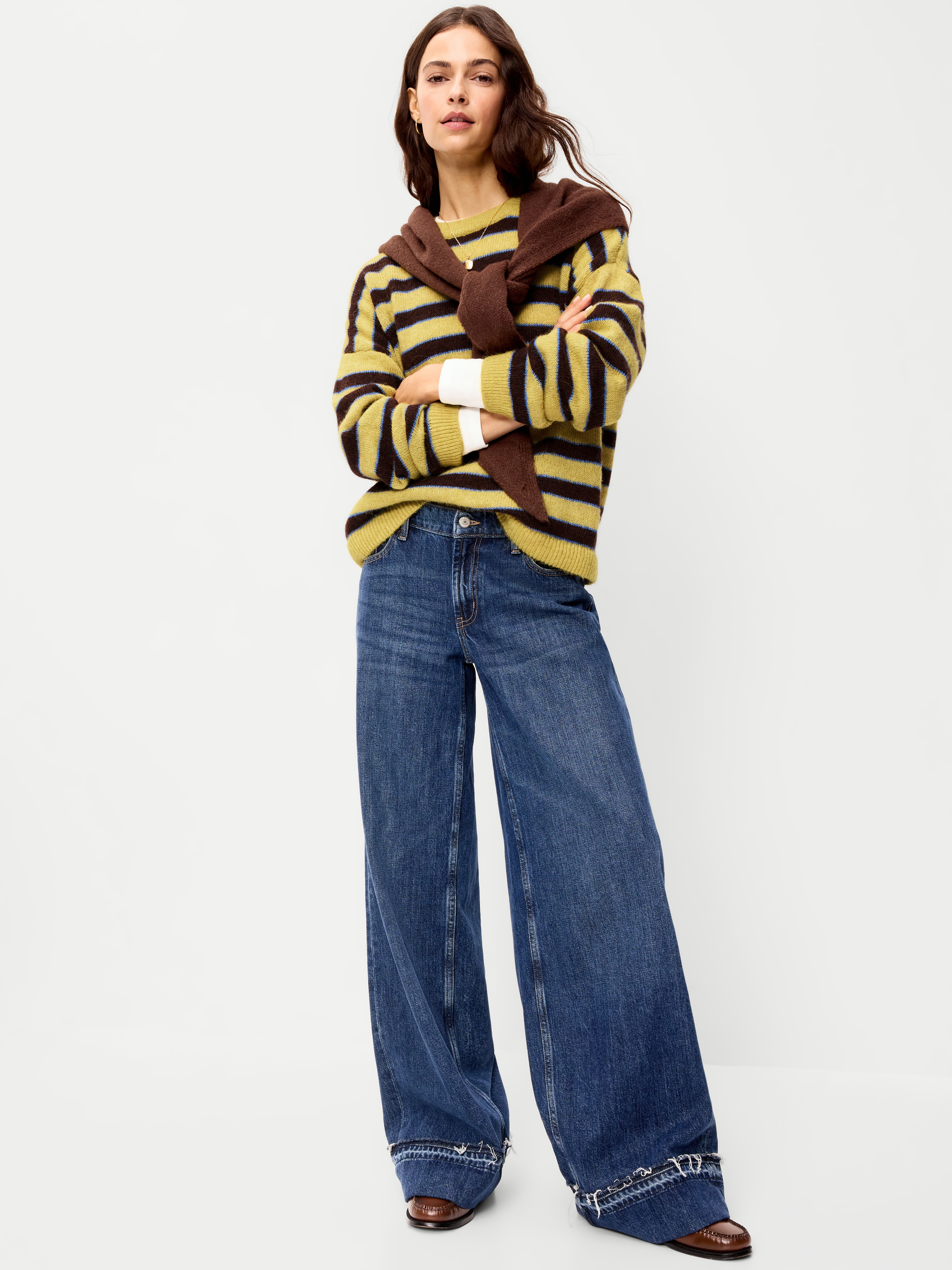 Loose Cozy Wool-Blend Crew-Neck Sweater - Brown/yellow Stripe - 1