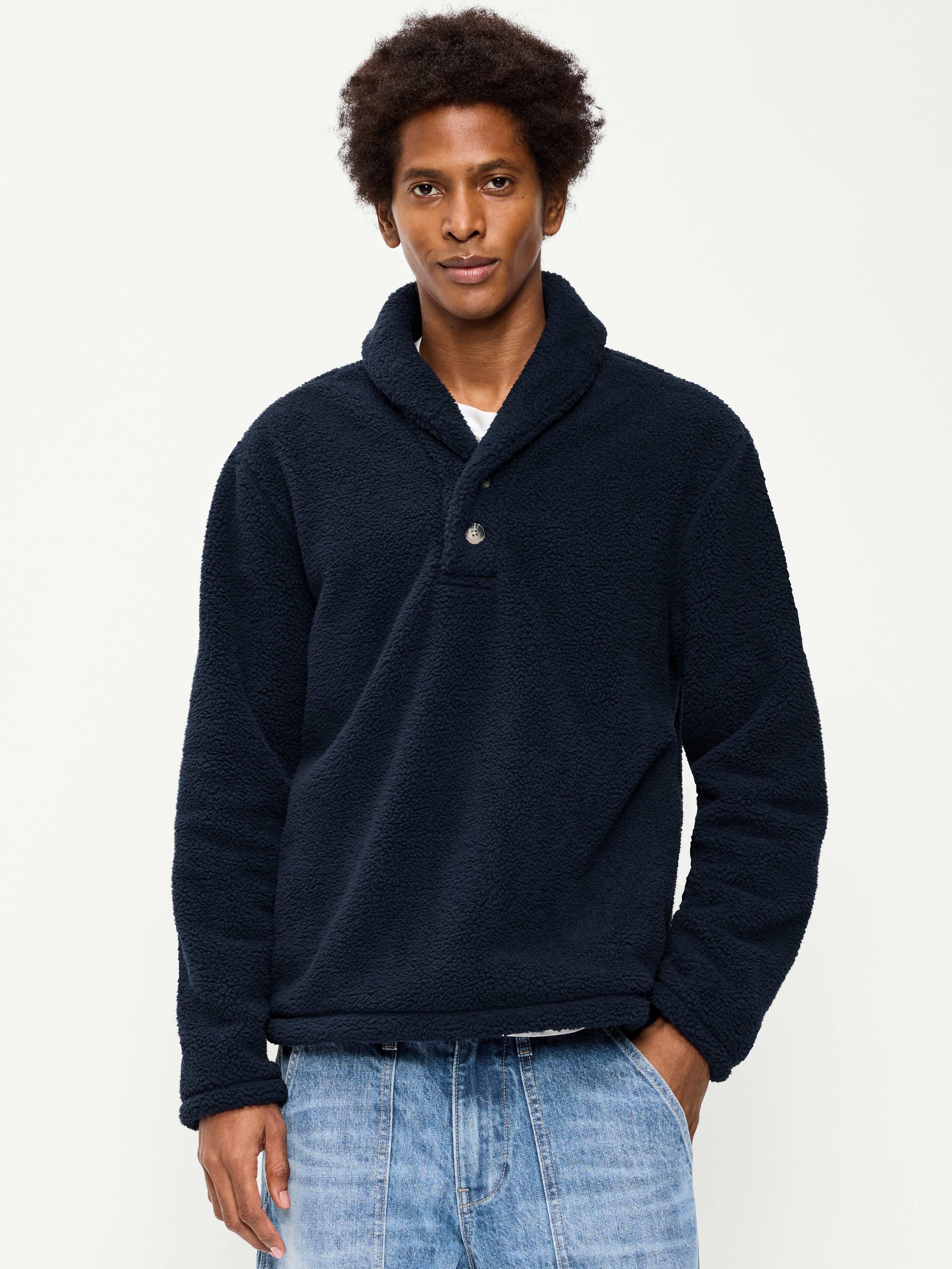Shawl-Collar Sherpa Pullover - In the Navy - 1