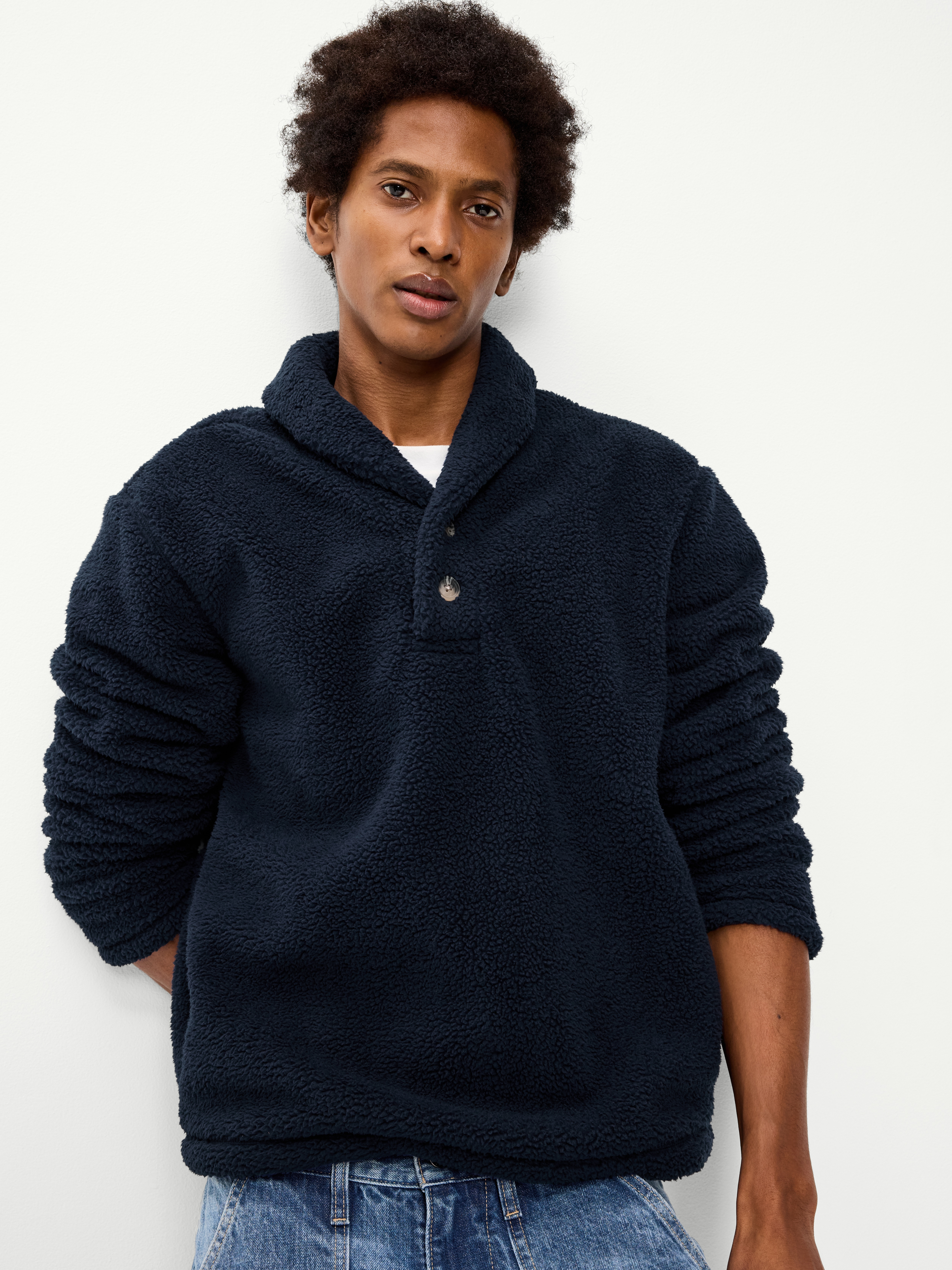 Shawl-Collar Sherpa Pullover - In the Navy - 3