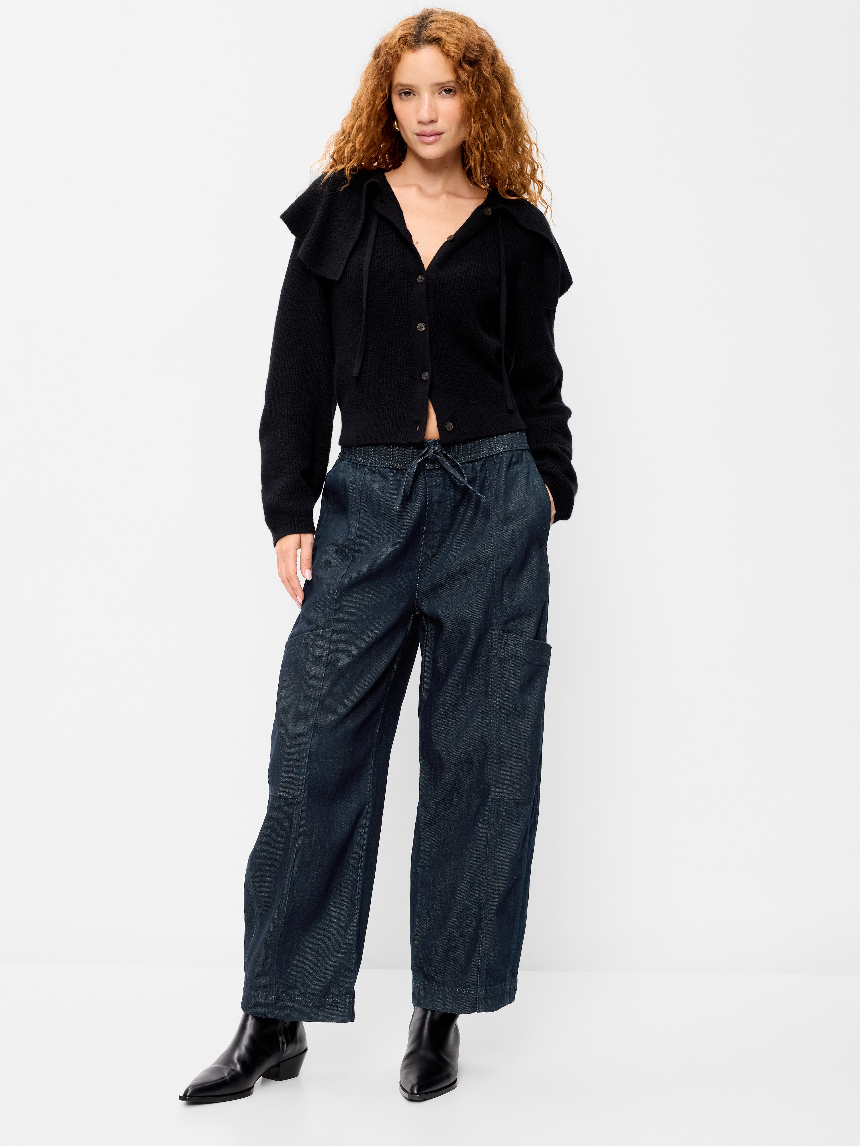 Mid-Rise Barrel-Leg Utility Pants - Dark Wash - 1