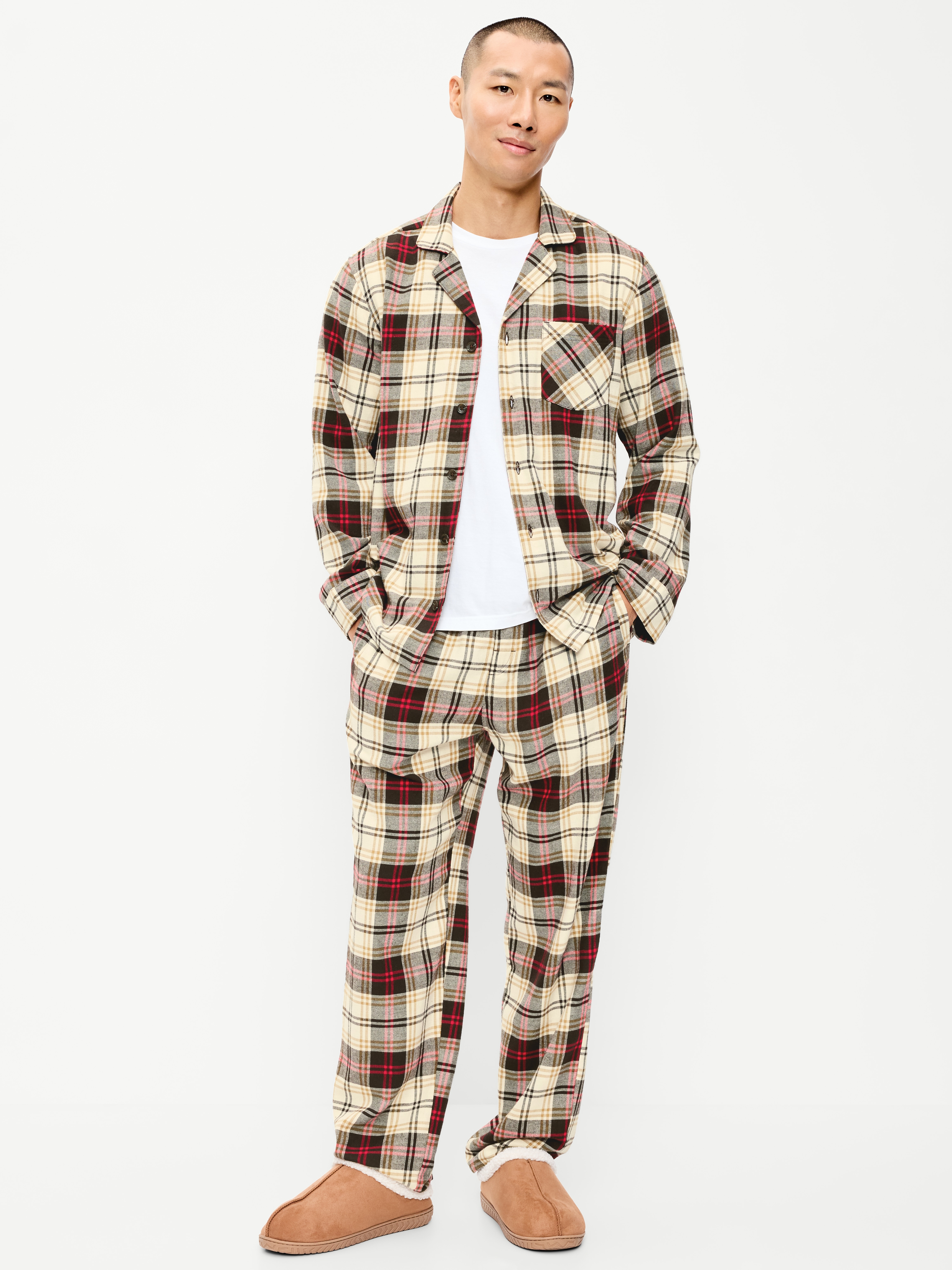 Flannel Pajama Pant Set for Men - Cream Plaid - 1