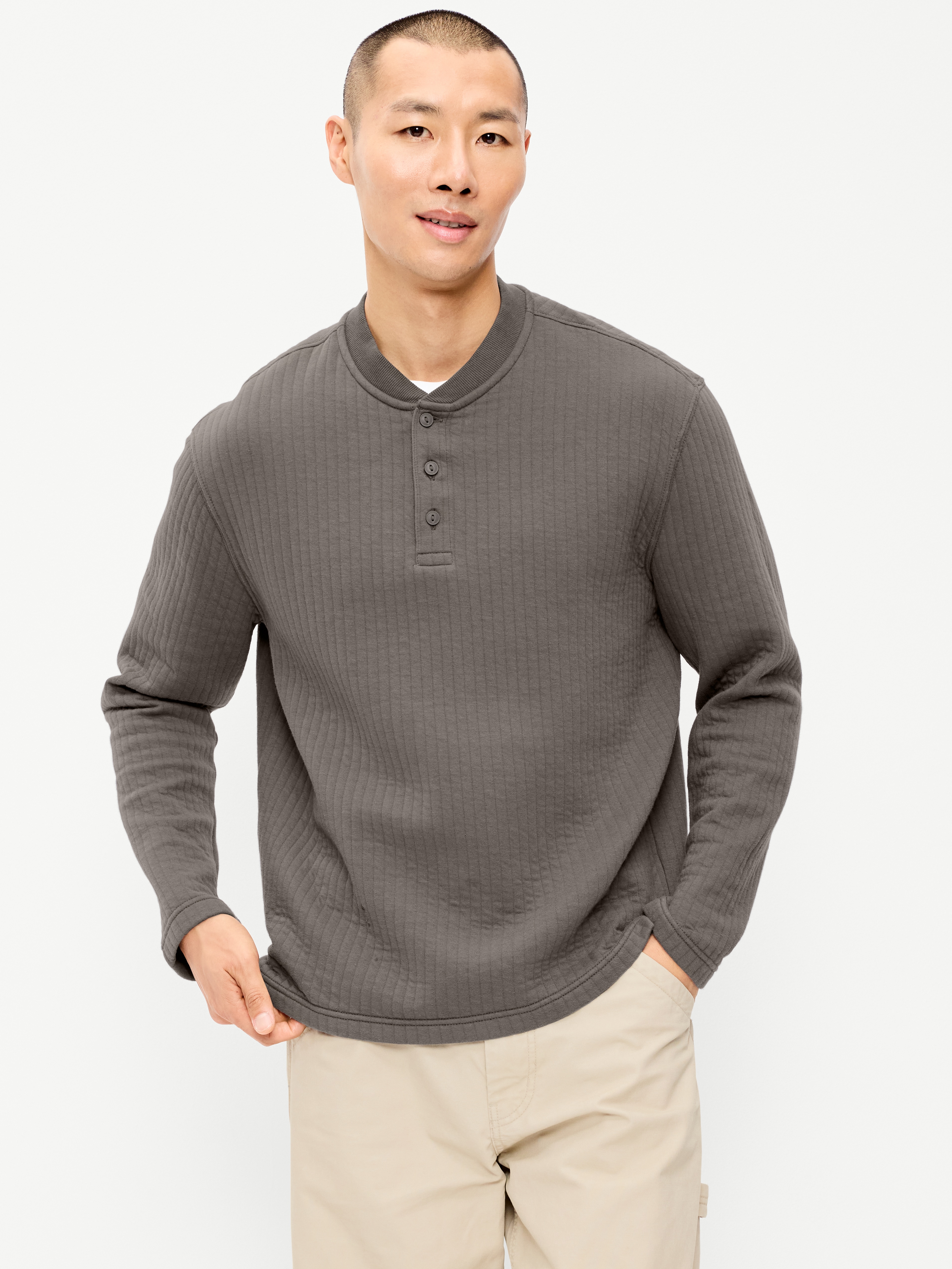 Long-Sleeve Quilted Fleece Henley Sweatshirt - Stainless Steel - 1