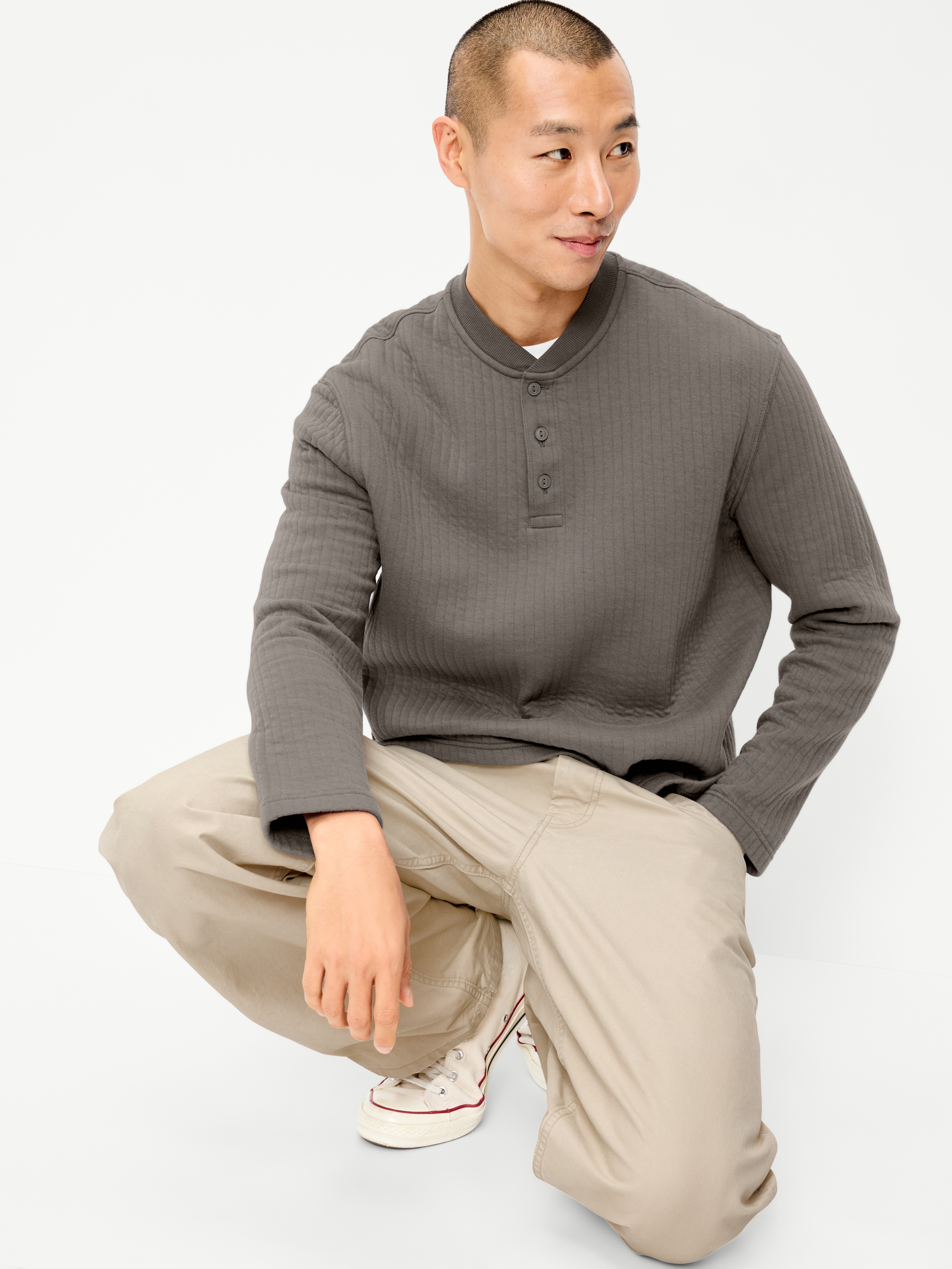 Long-Sleeve Quilted Fleece Henley Sweatshirt - Stainless Steel - 3