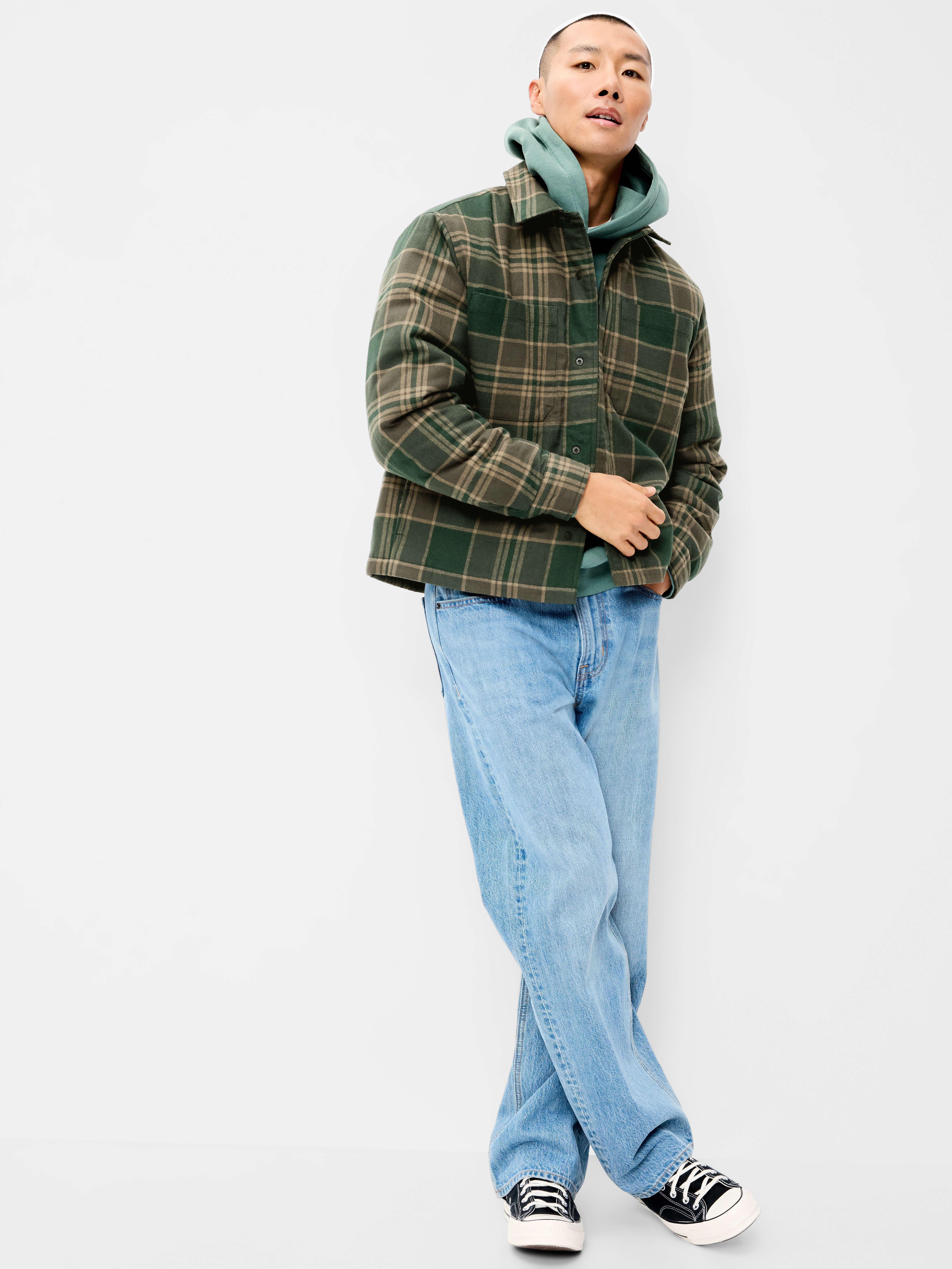 Cropped Insulated Flannel Shacket - Brown Green Plaid - 3