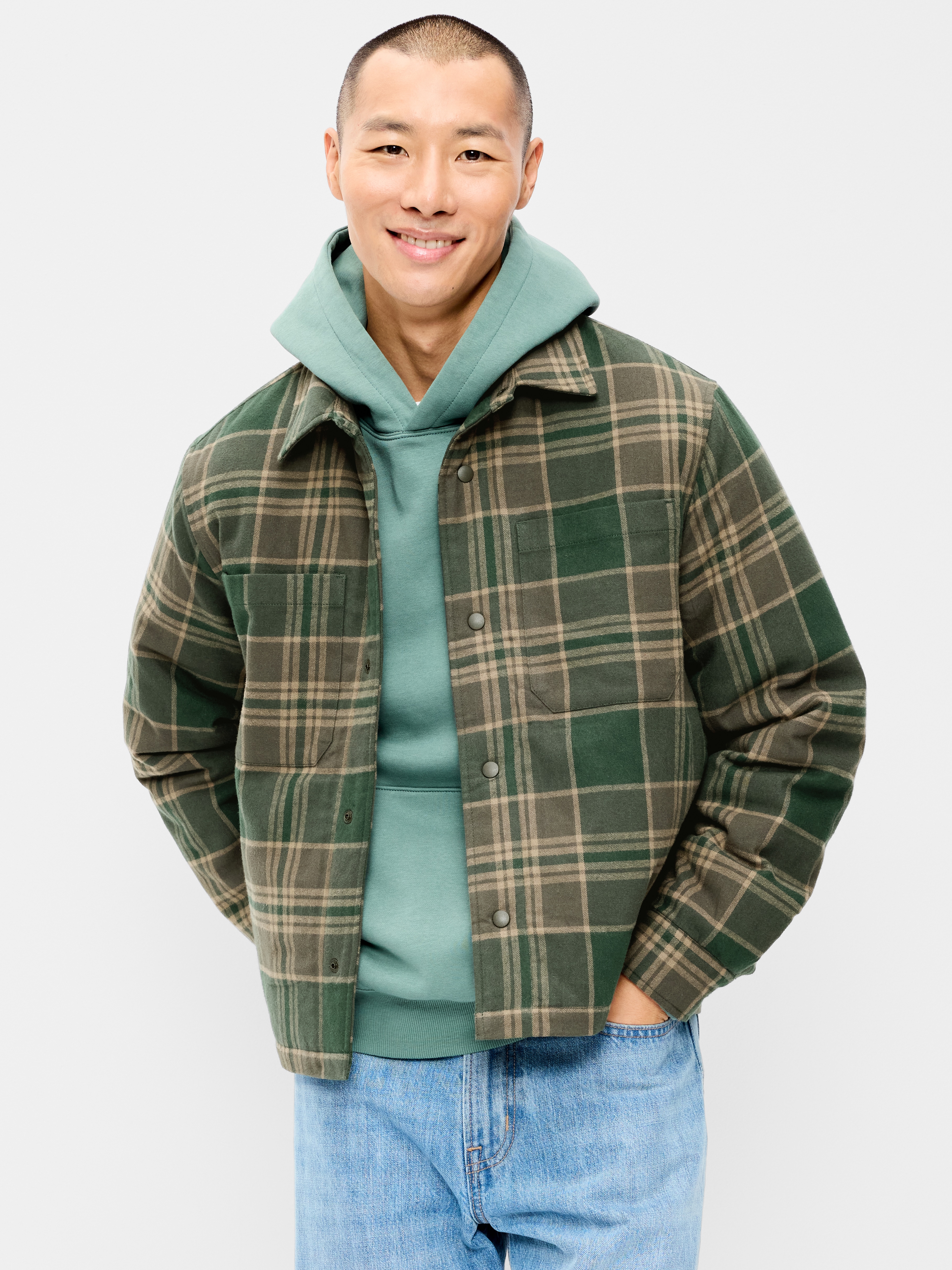 Cropped Insulated Flannel Shacket - Brown Green Plaid - 1