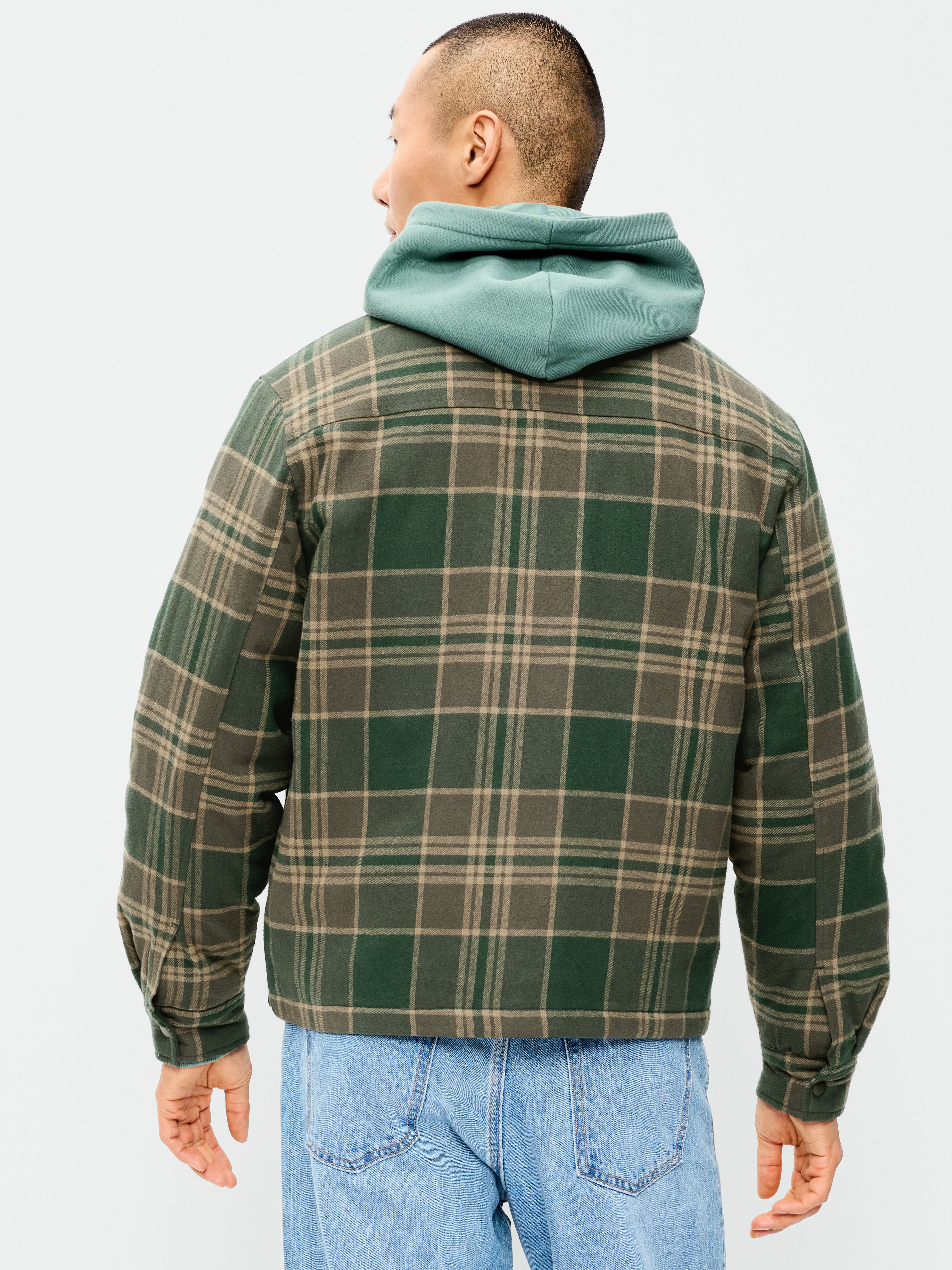 Cropped Insulated Flannel Shacket - Brown Green Plaid - 2