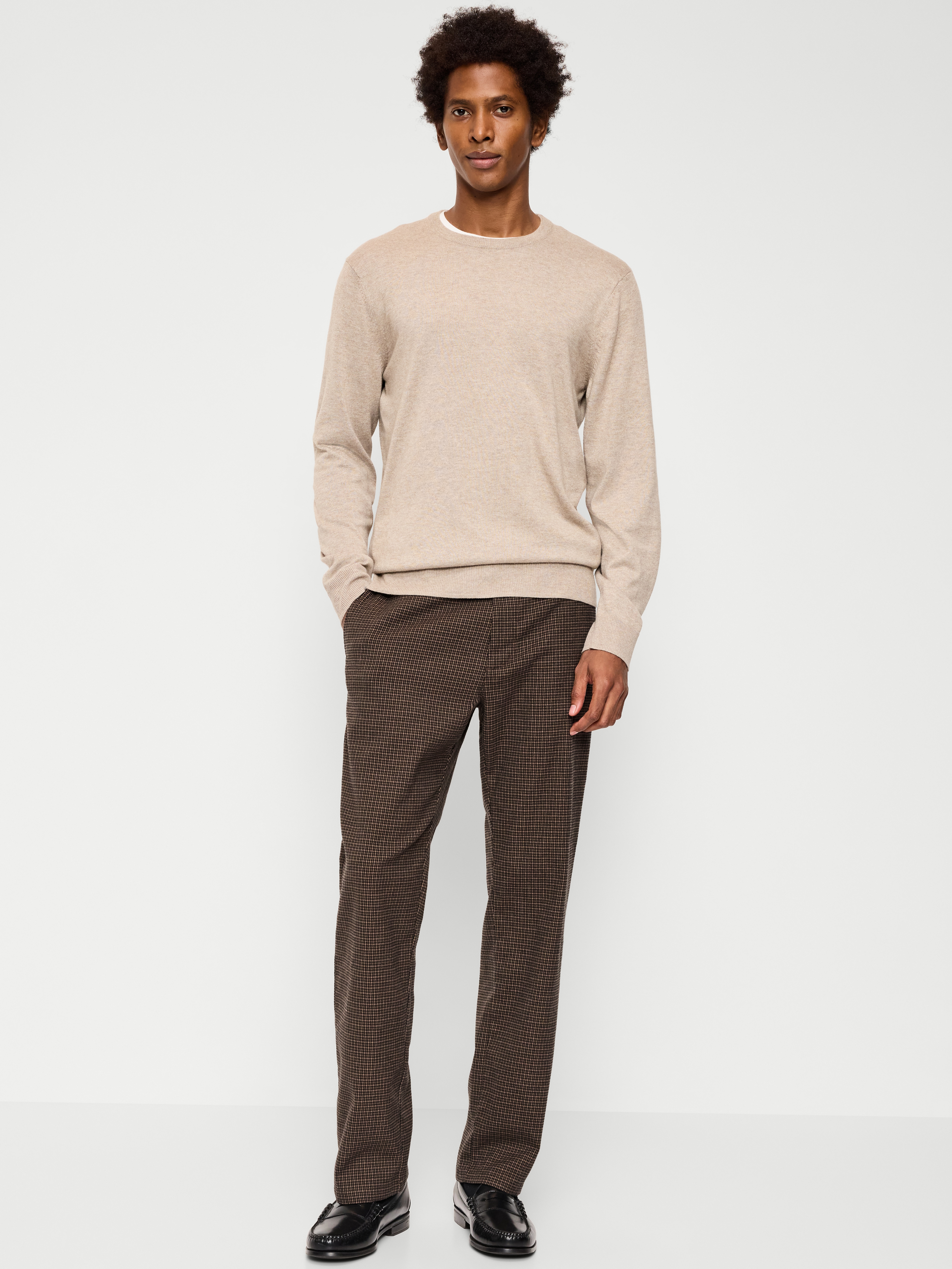90s Straight-Fit Textured Twill Pants - Brown Houndstooth - 1