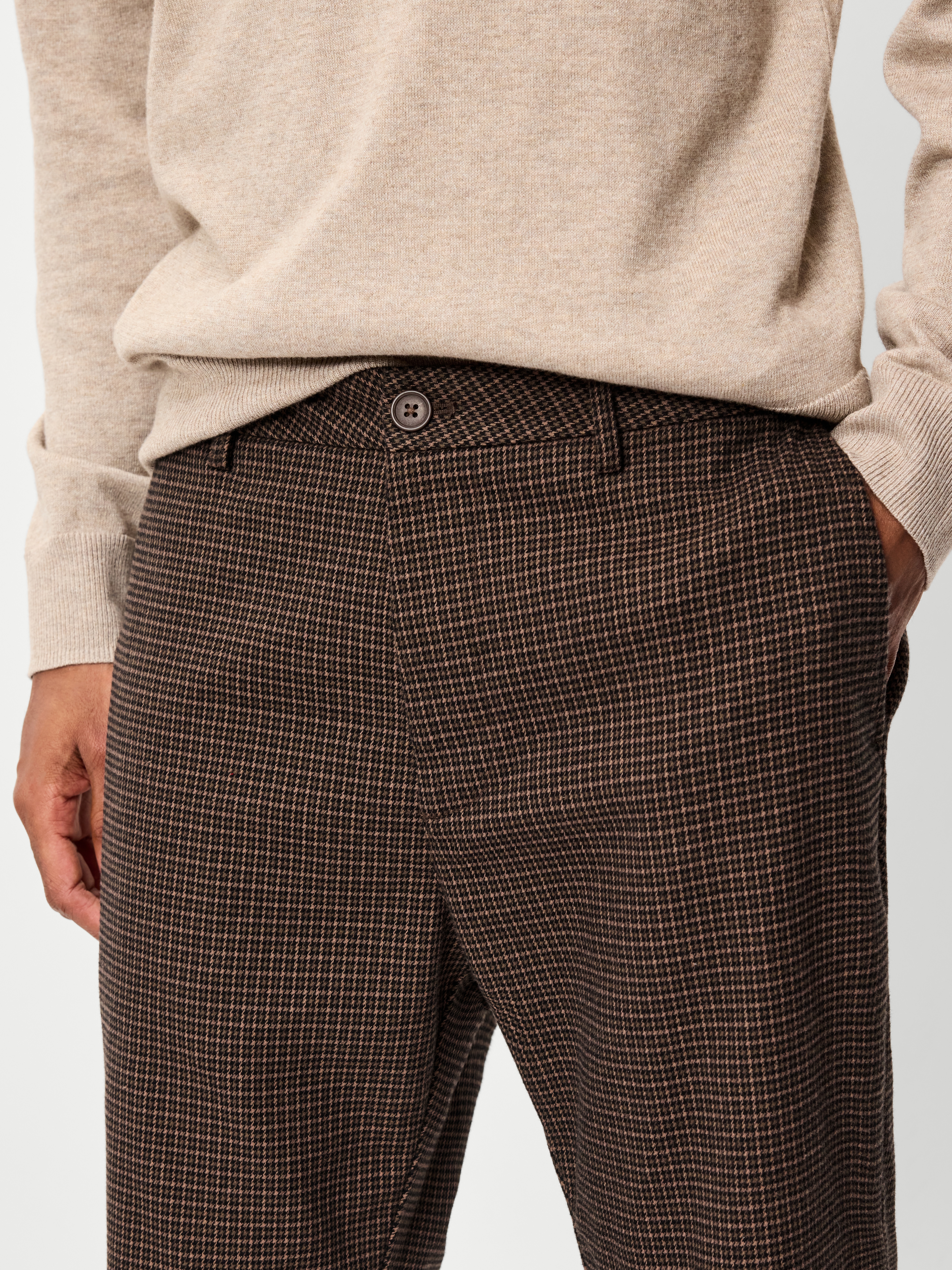 90s Straight-Fit Textured Twill Pants - Brown Houndstooth - 4