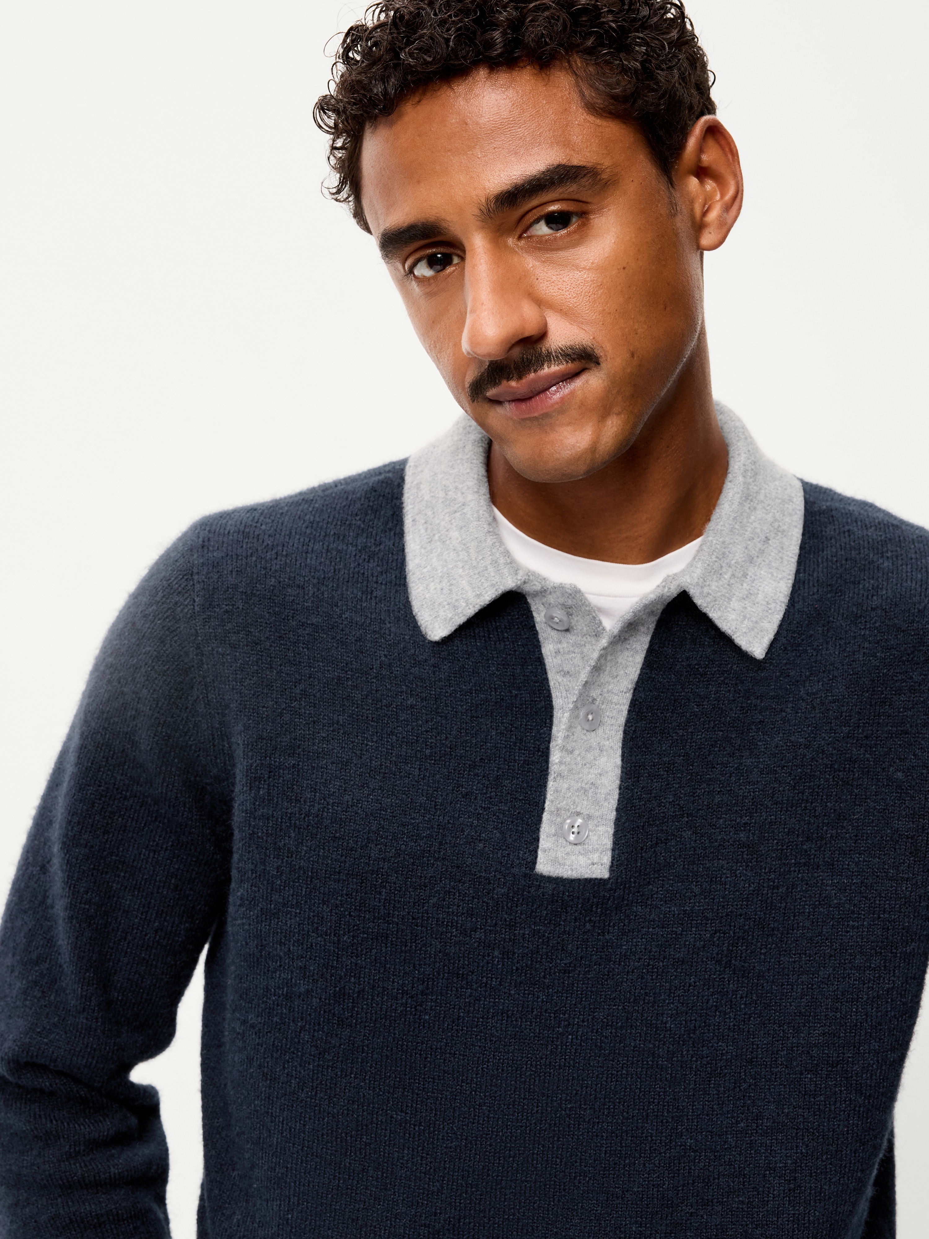 Long-Sleeve Wool-Blend Polo Sweater - In the Navy - 1