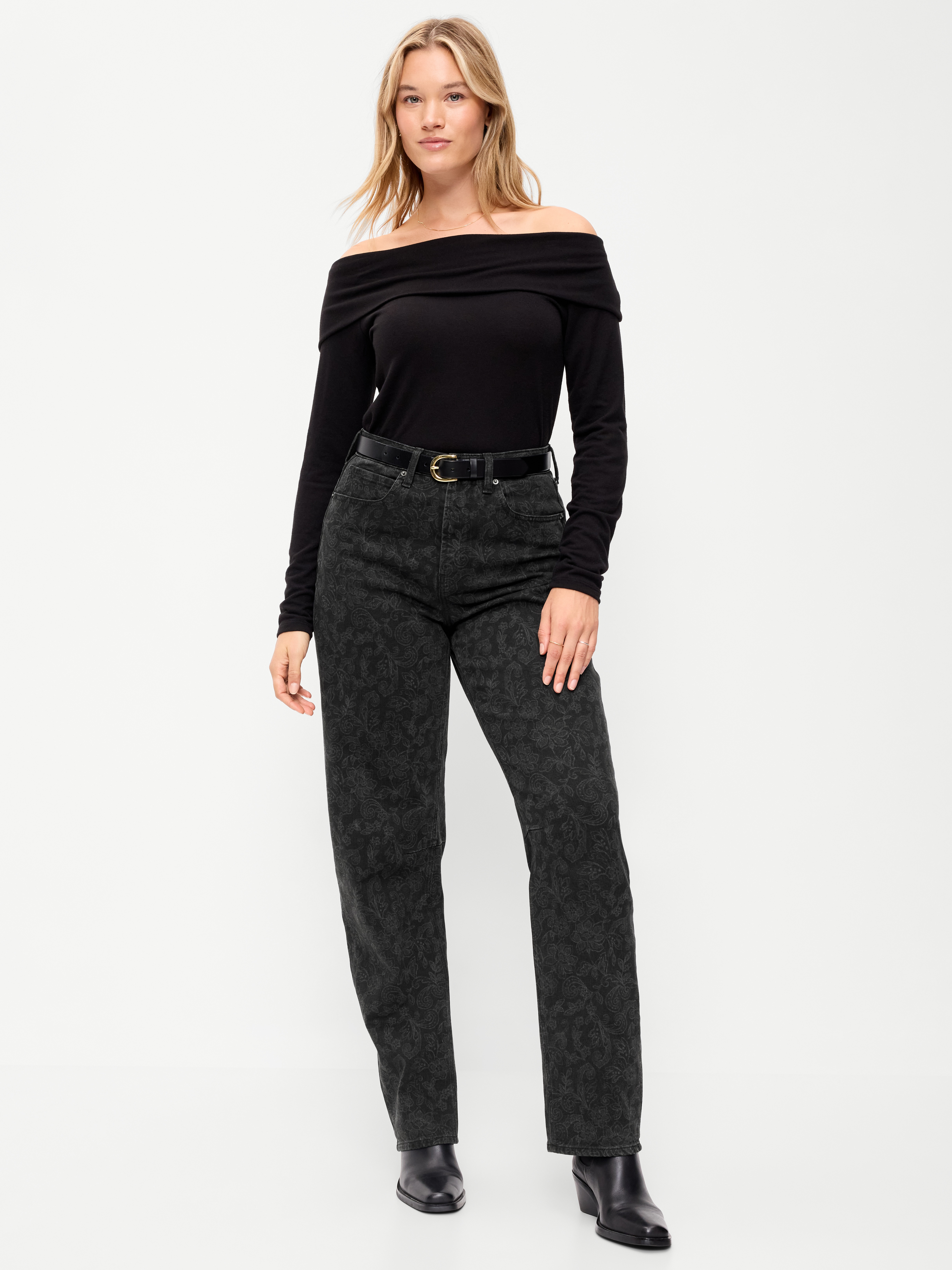 High-Waisted Baggy Barrel Jeans - Noir Bloom - 2