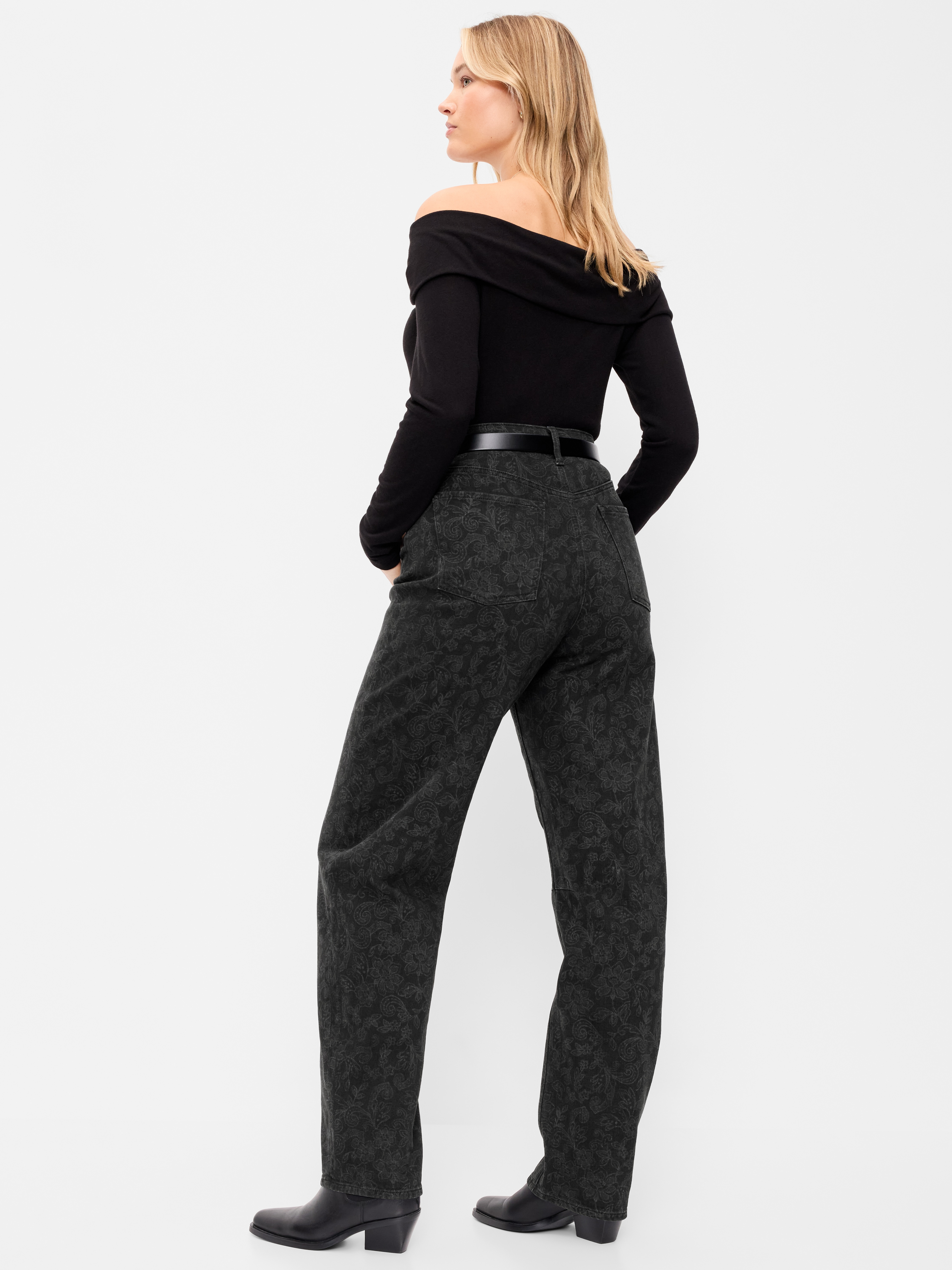 High-Waisted Baggy Barrel Jeans - Noir Bloom - 3