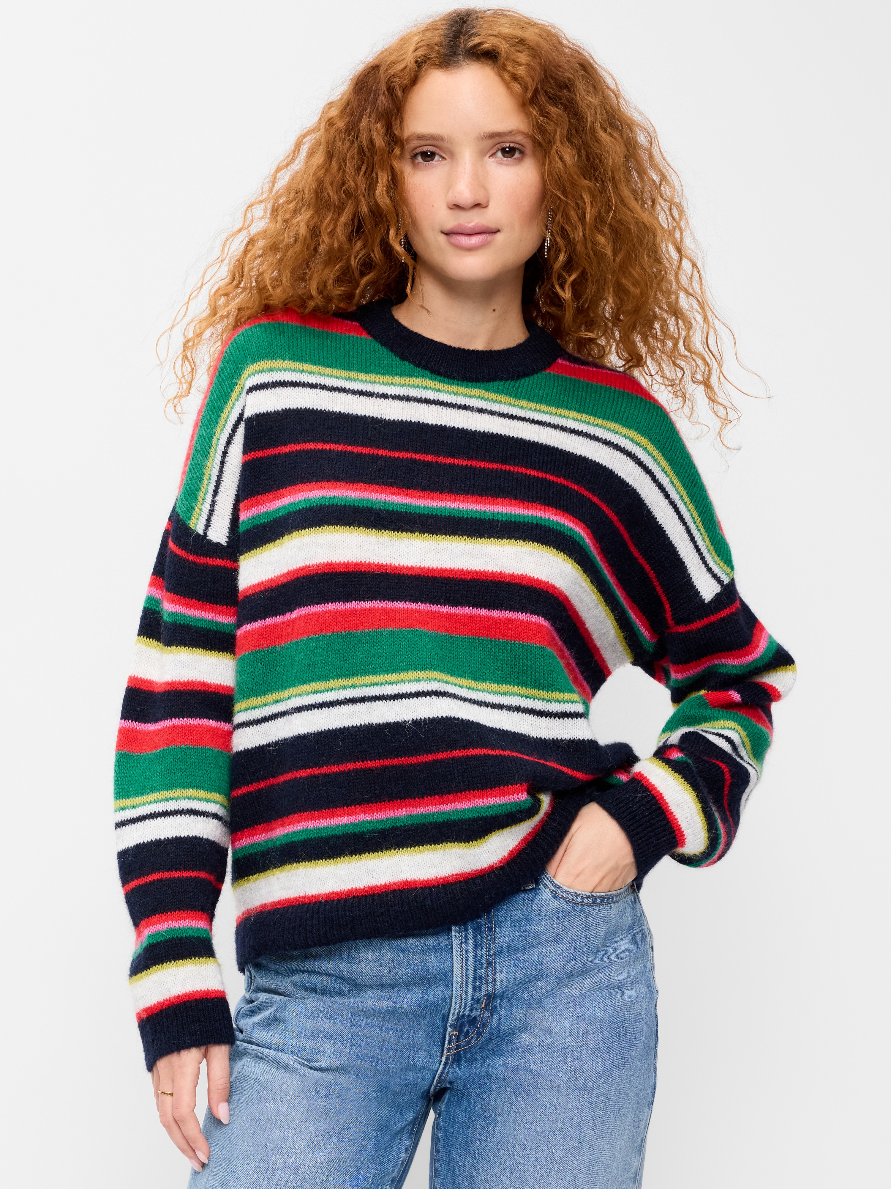 Loose Cozy Wool-Blend Crew-Neck Sweater - Multi Stripe - 1