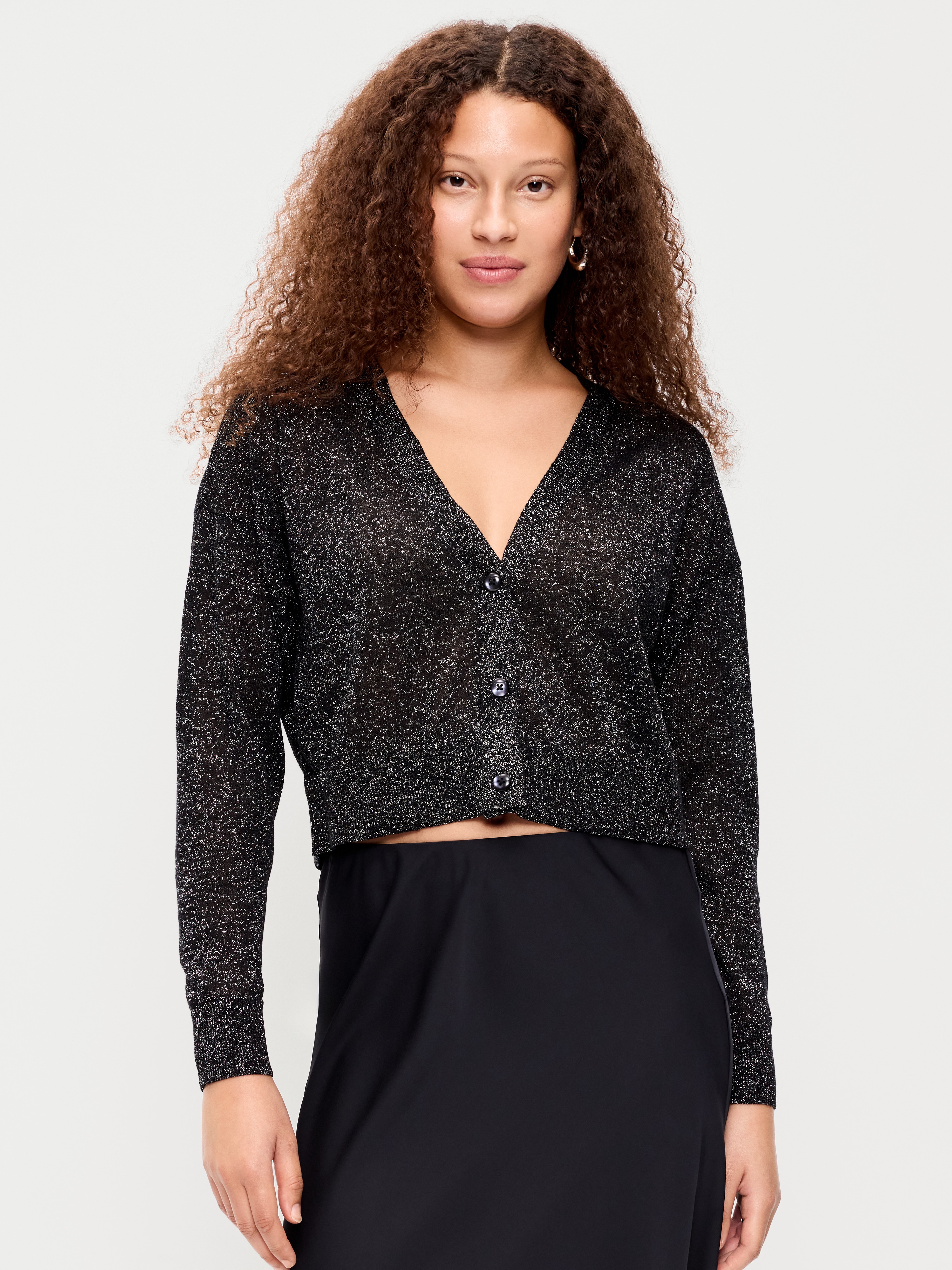 Shine V-Neck Cropped Cardigan - Black Jack - 1