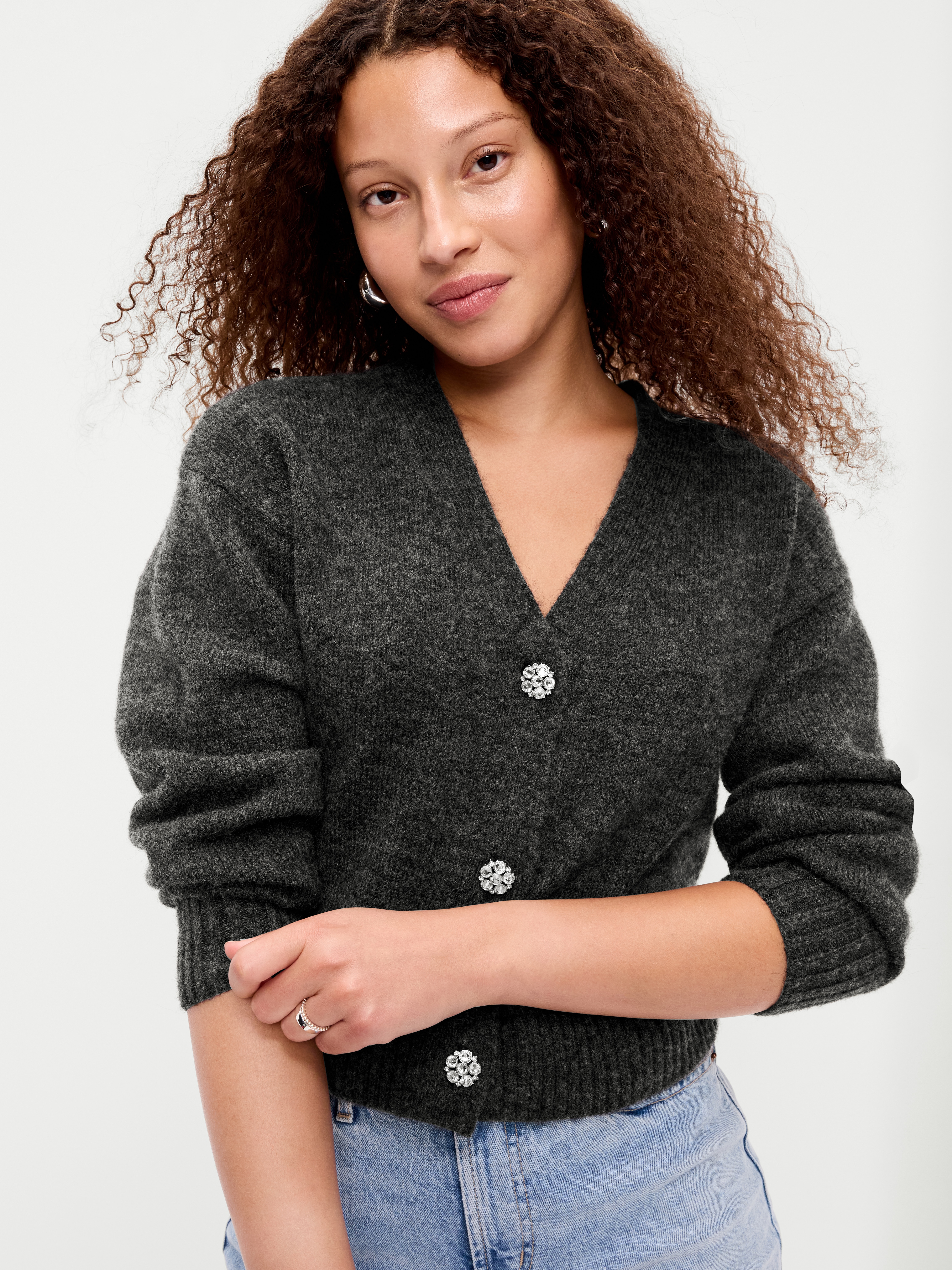 Jeweled Button Cardigan - Charcoal Heather - 1