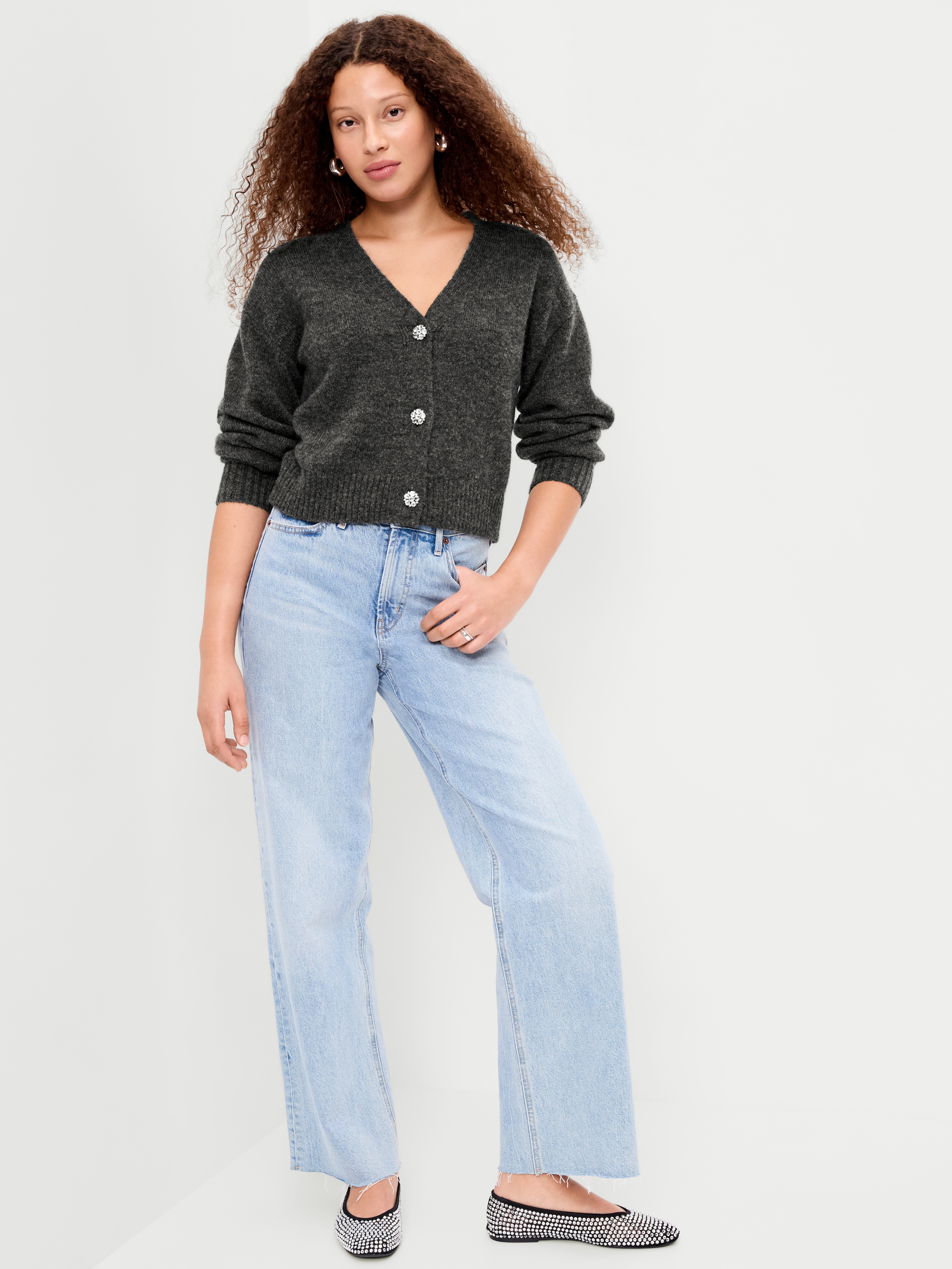 Jeweled Button Cardigan - Charcoal Heather - 3