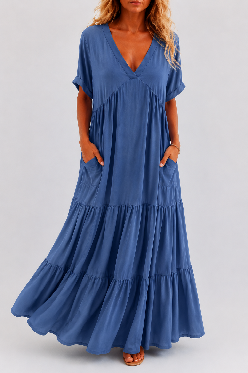 Luftiges Maxikleid Damen mit V-Ausschnitt, Taschen & Stufen – locker & bequem für Sommer