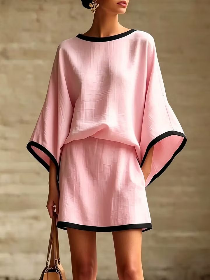 Aurelia™ Zweiteiliges Sommer-Set mit Kontrastpaspel | Elegantes Oberteil mit Fledermausärmeln & Shorts