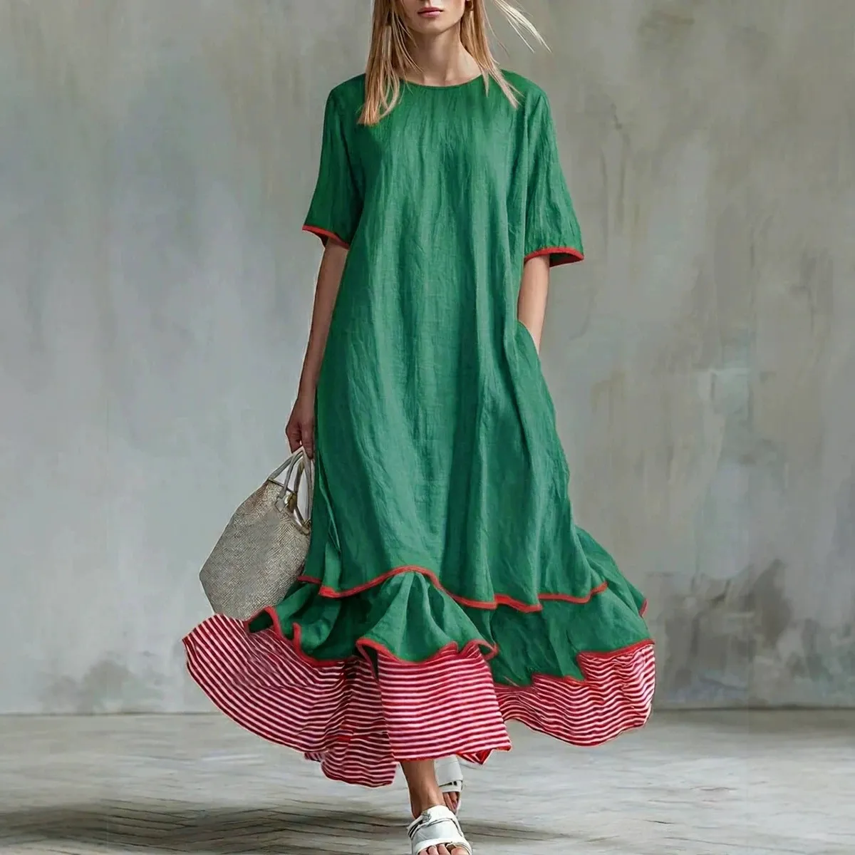 Leinen-Kleid Damen mit Taschen & Gestreiftem Saum