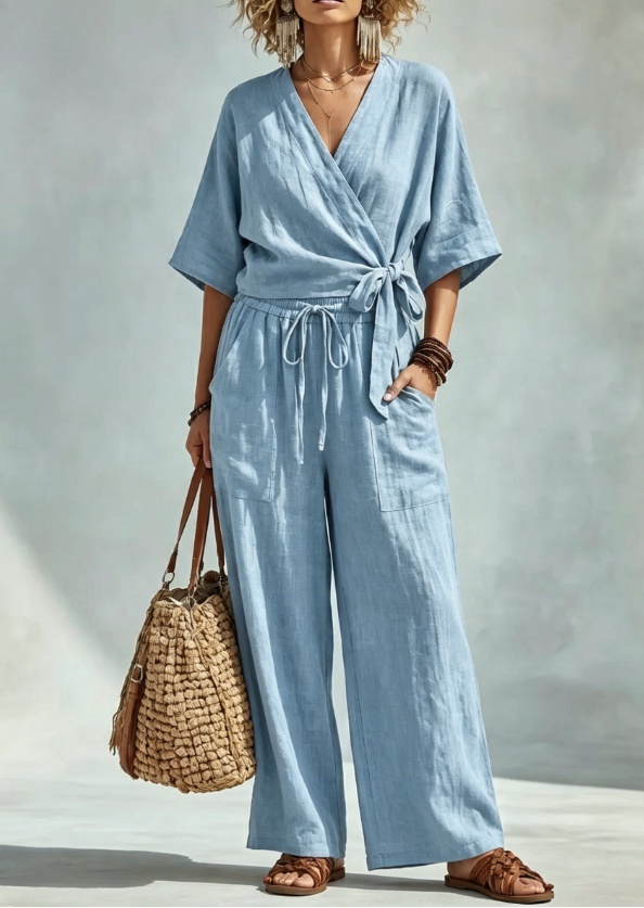 Leinen-Set Wickel-Oberteil mit Bindegürtel & Wide Leg Hose mit Kordelbund für Damen