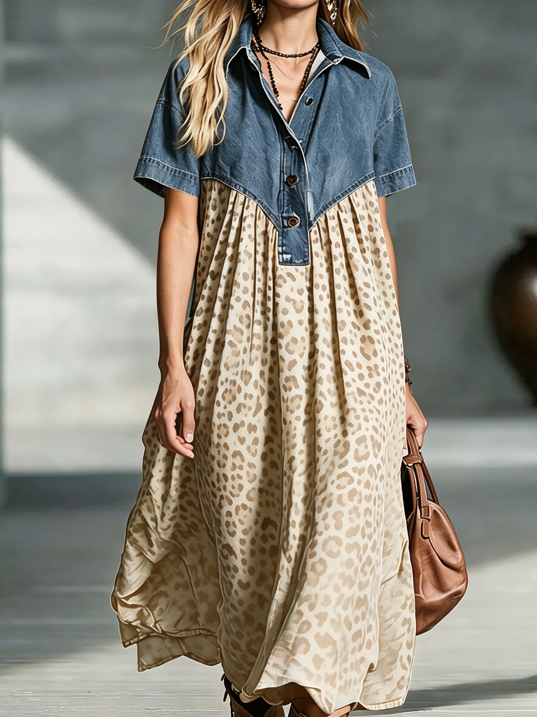 Lara™ Boho Midikleid mit Denim-Top & Leo-Farbverlauf