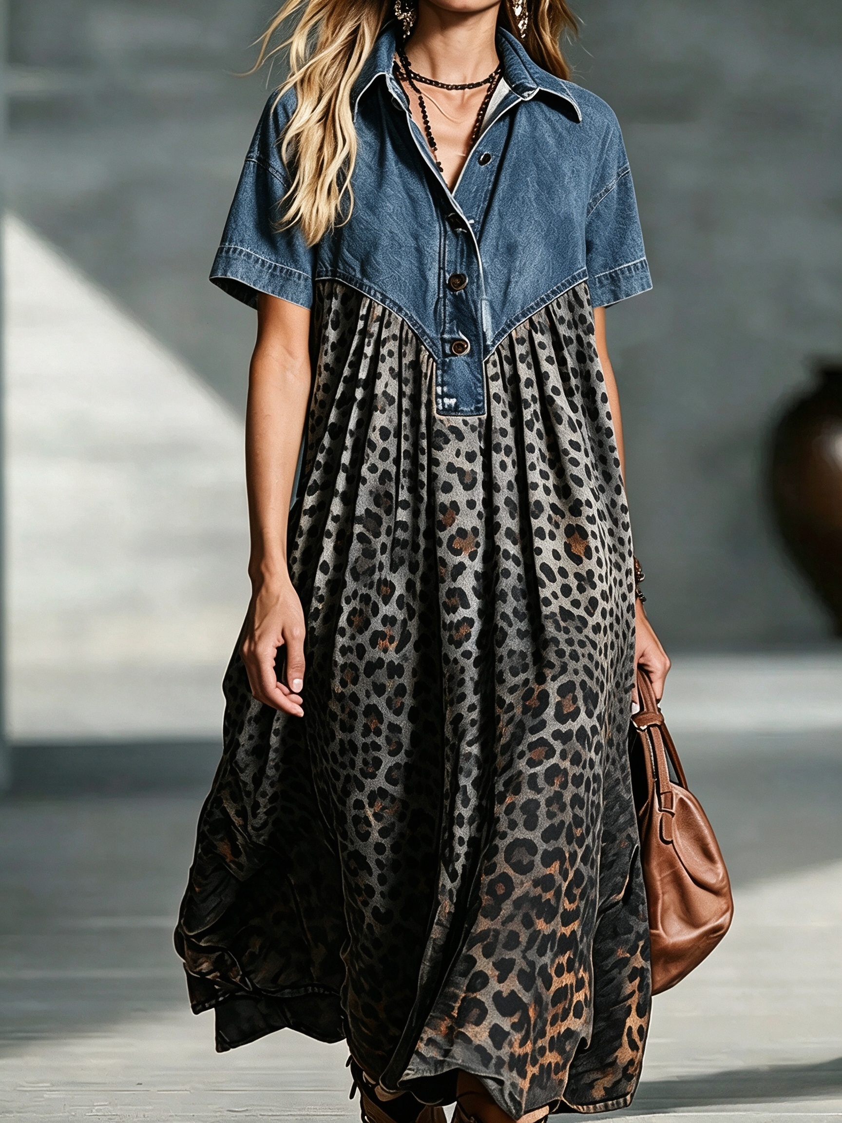 Lara™ Boho Midikleid mit Denim-Top & Leo-Farbverlauf
