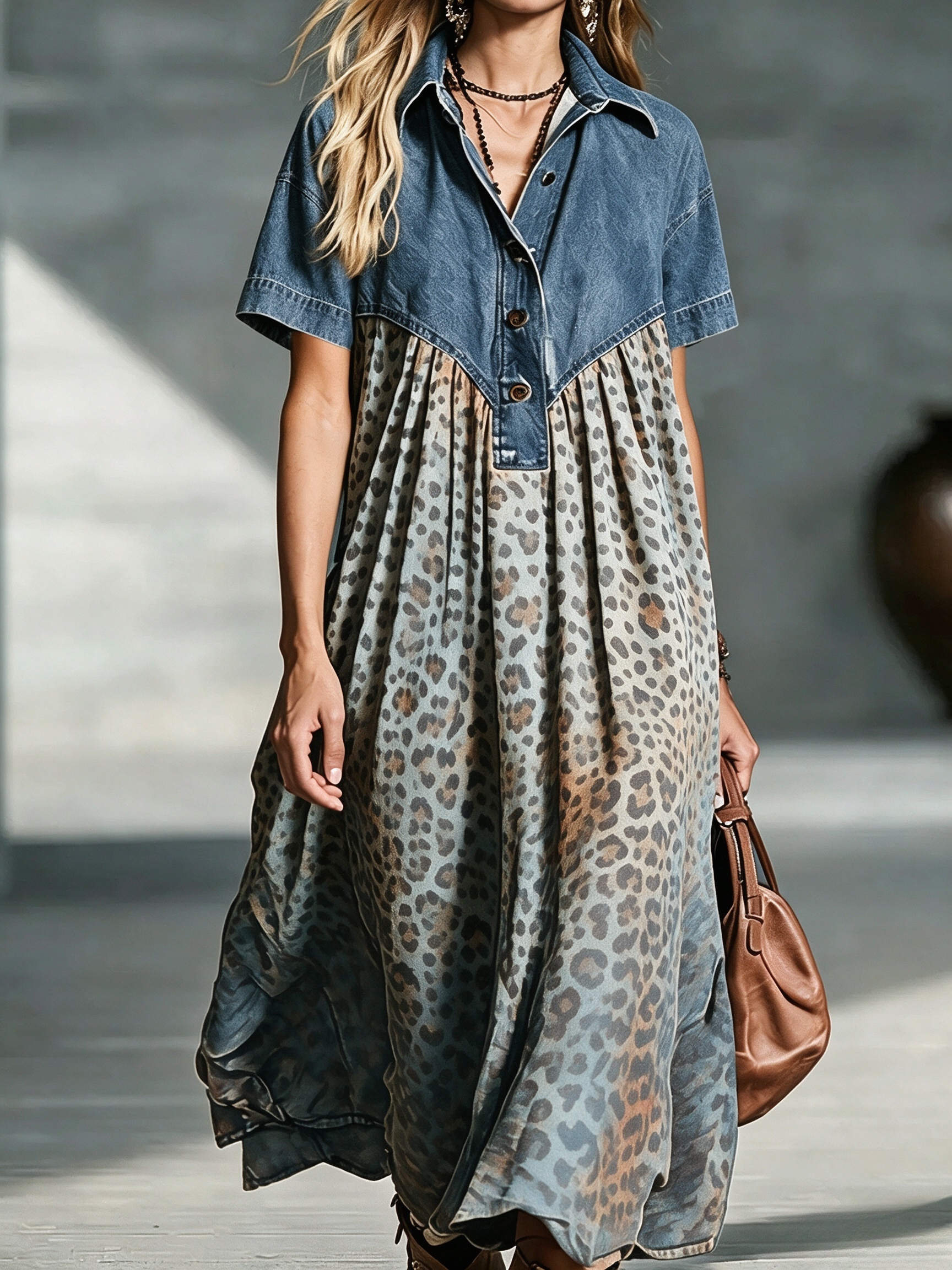 Lara™ Boho Midikleid mit Denim-Top & Leo-Farbverlauf