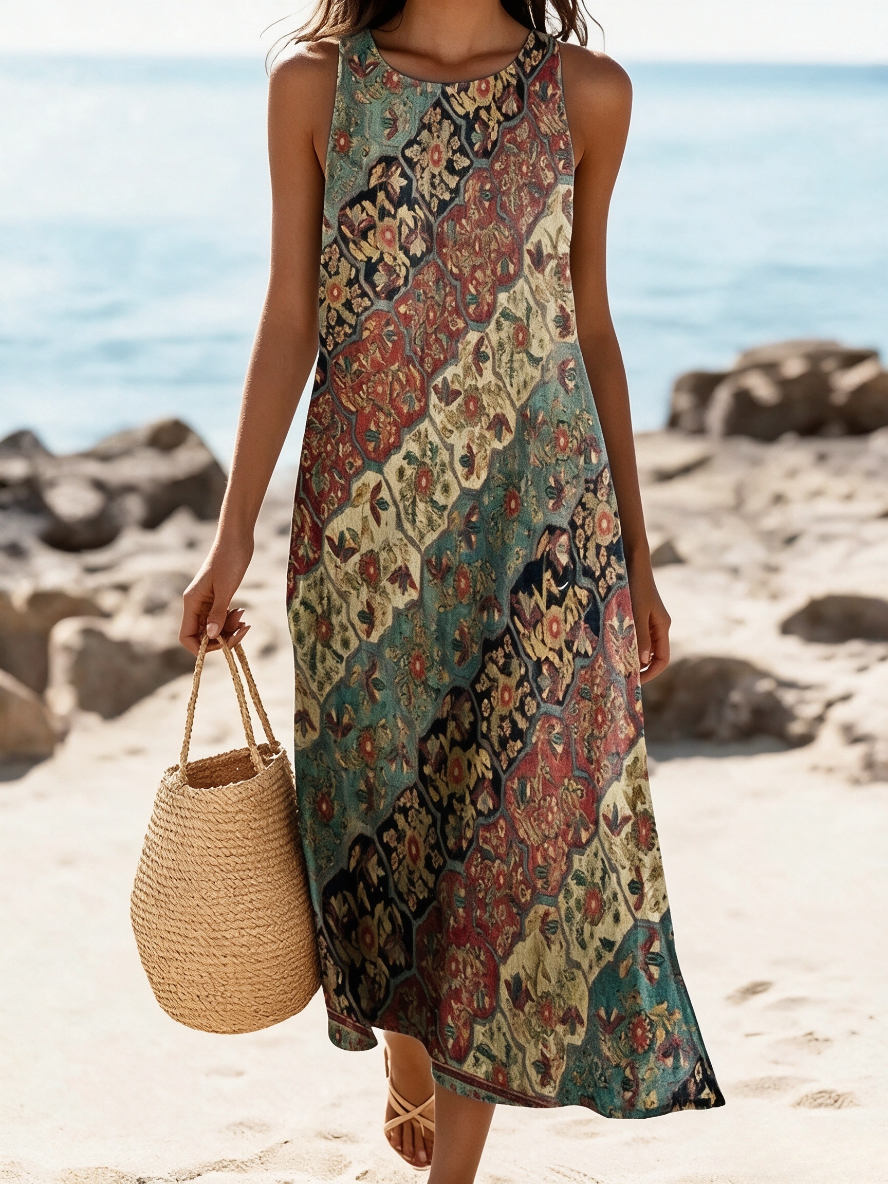Damen Sommer Boho Maxikleid mit Vintage-Muster – Ärmelloses Strandkleid