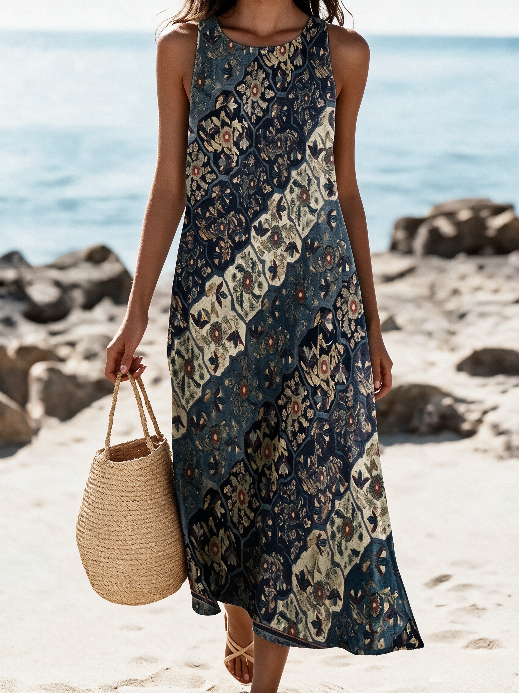 Damen Sommer Boho Maxikleid mit Vintage-Muster – Ärmelloses Strandkleid