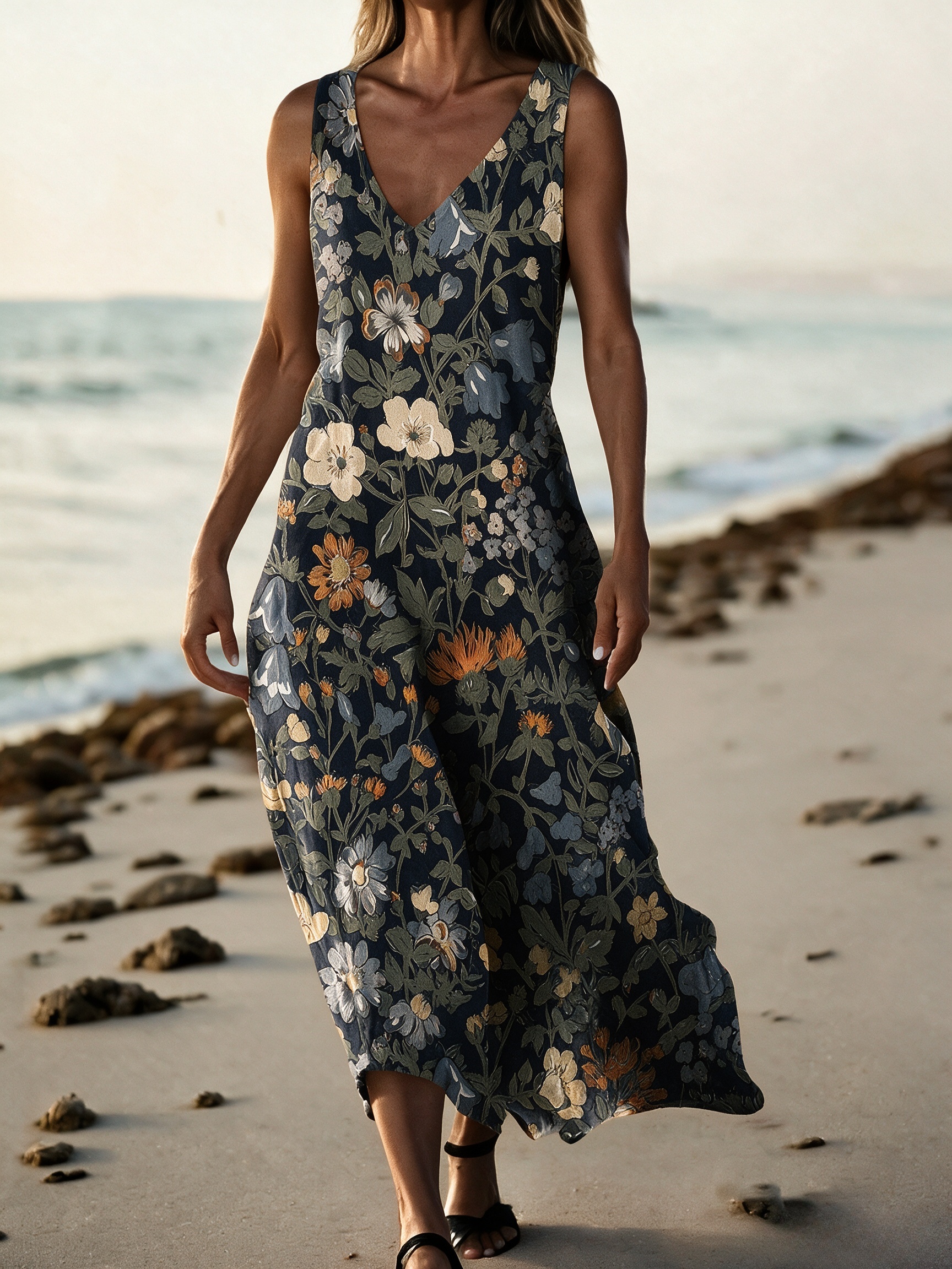 Damen Sommer Maxikleid mit Blumenmuster & V-Ausschnitt – Ärmelloses Strandkleid