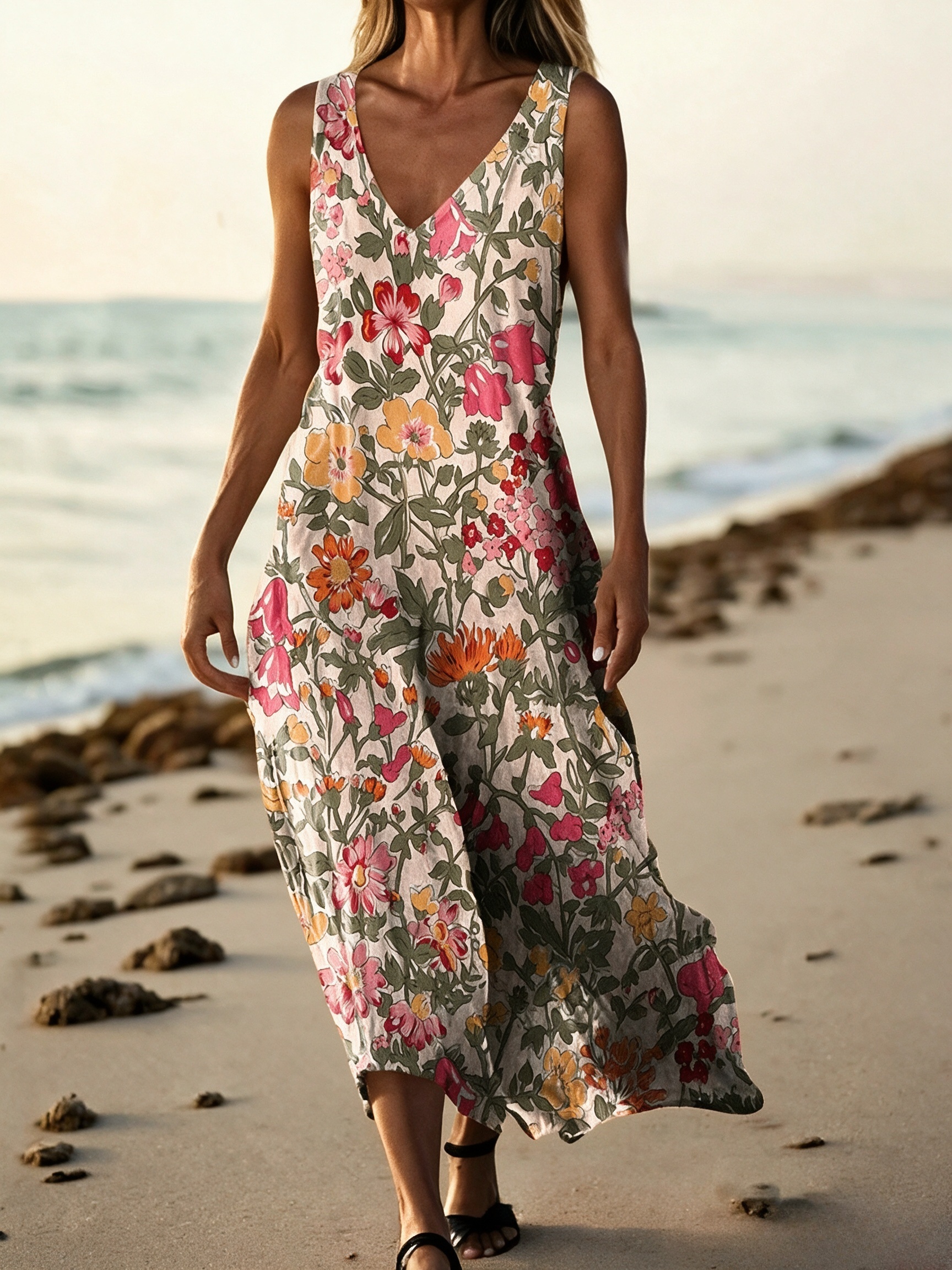 Damen Sommer Maxikleid mit Blumenmuster & V-Ausschnitt – Ärmelloses Strandkleid