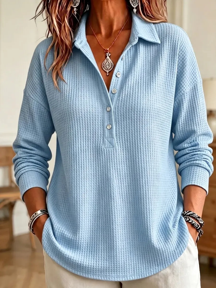 Evelyn™ Elegantes Longsleeve in Waffeloptik mit Henley-Kragen | Gemütliches Oberteil