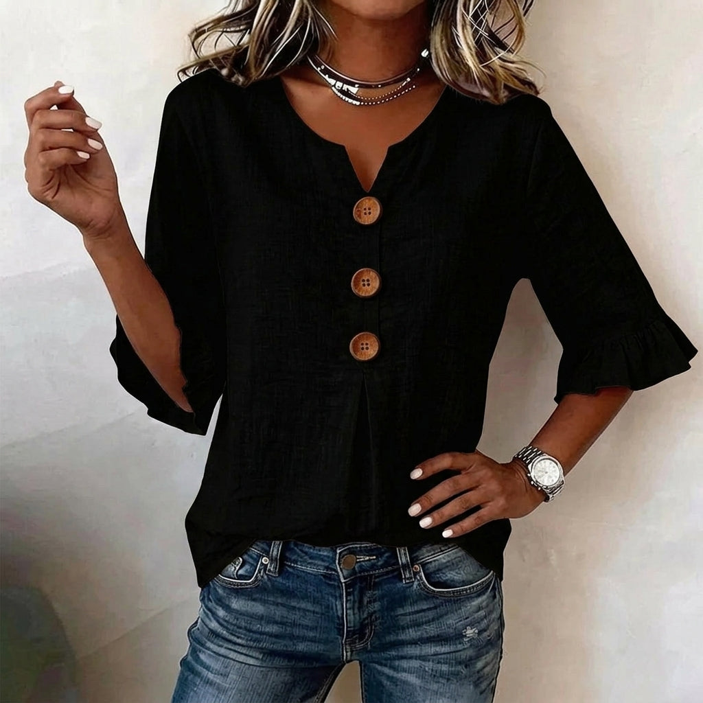 Casual 3/4 Sleeve Cotton Linen Shirt | Boho V-Neck Tunic with Wood Buttons