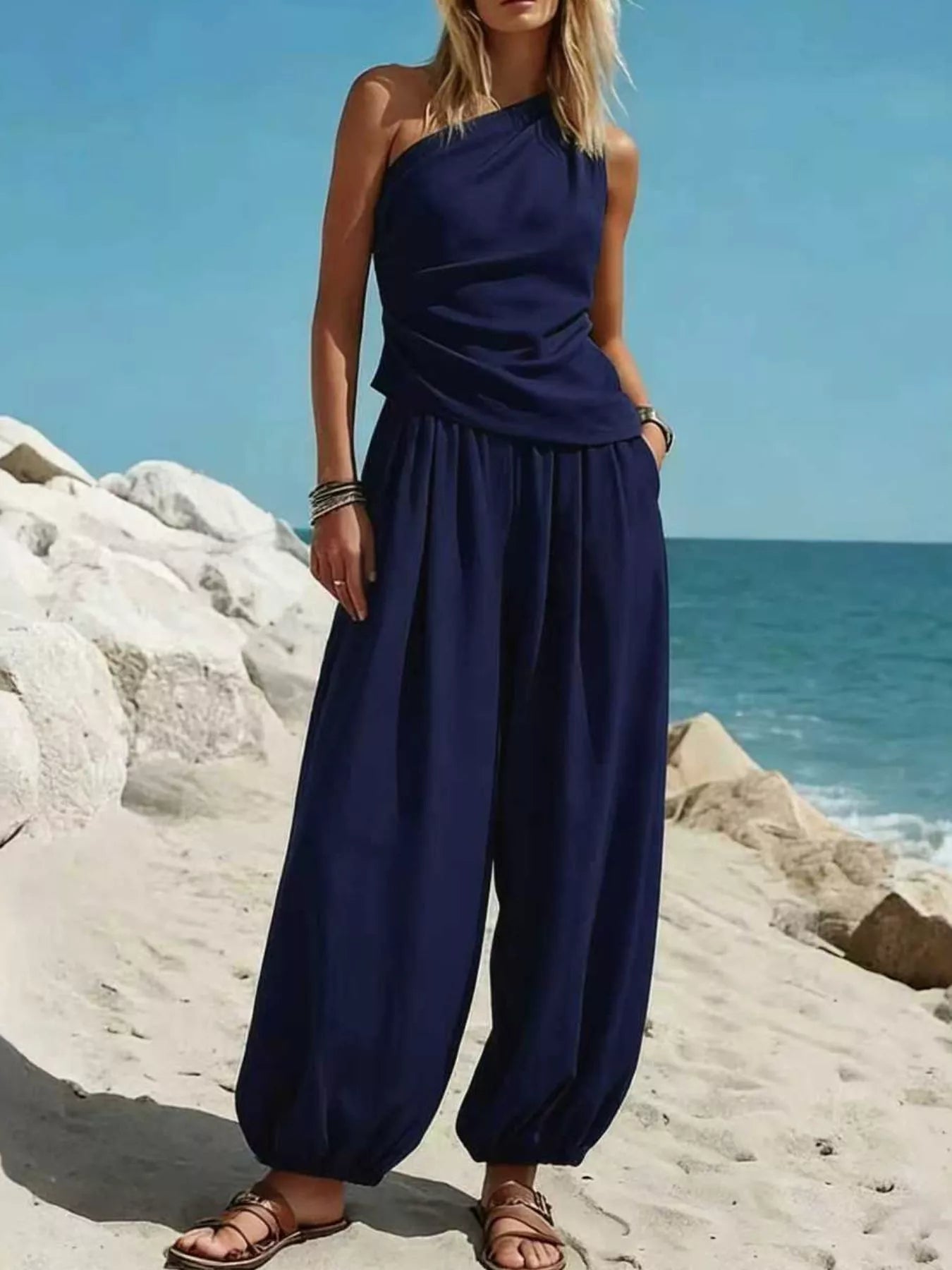 Elegantes 2-Teiler-Set mit Ein-Schulter-Top und Ballonhose – Bequem & Stilvoll