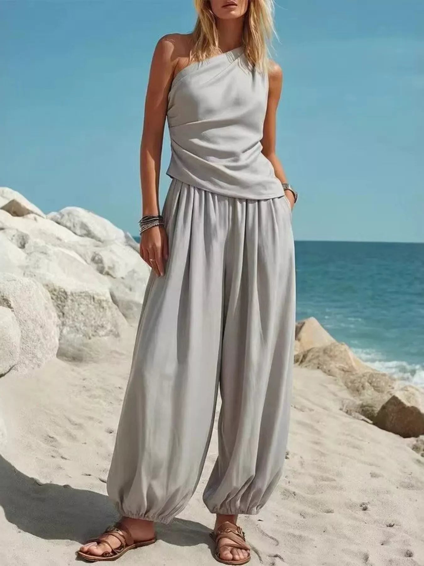 Elegantes 2-Teiler-Set mit Ein-Schulter-Top und Ballonhose – Bequem & Stilvoll