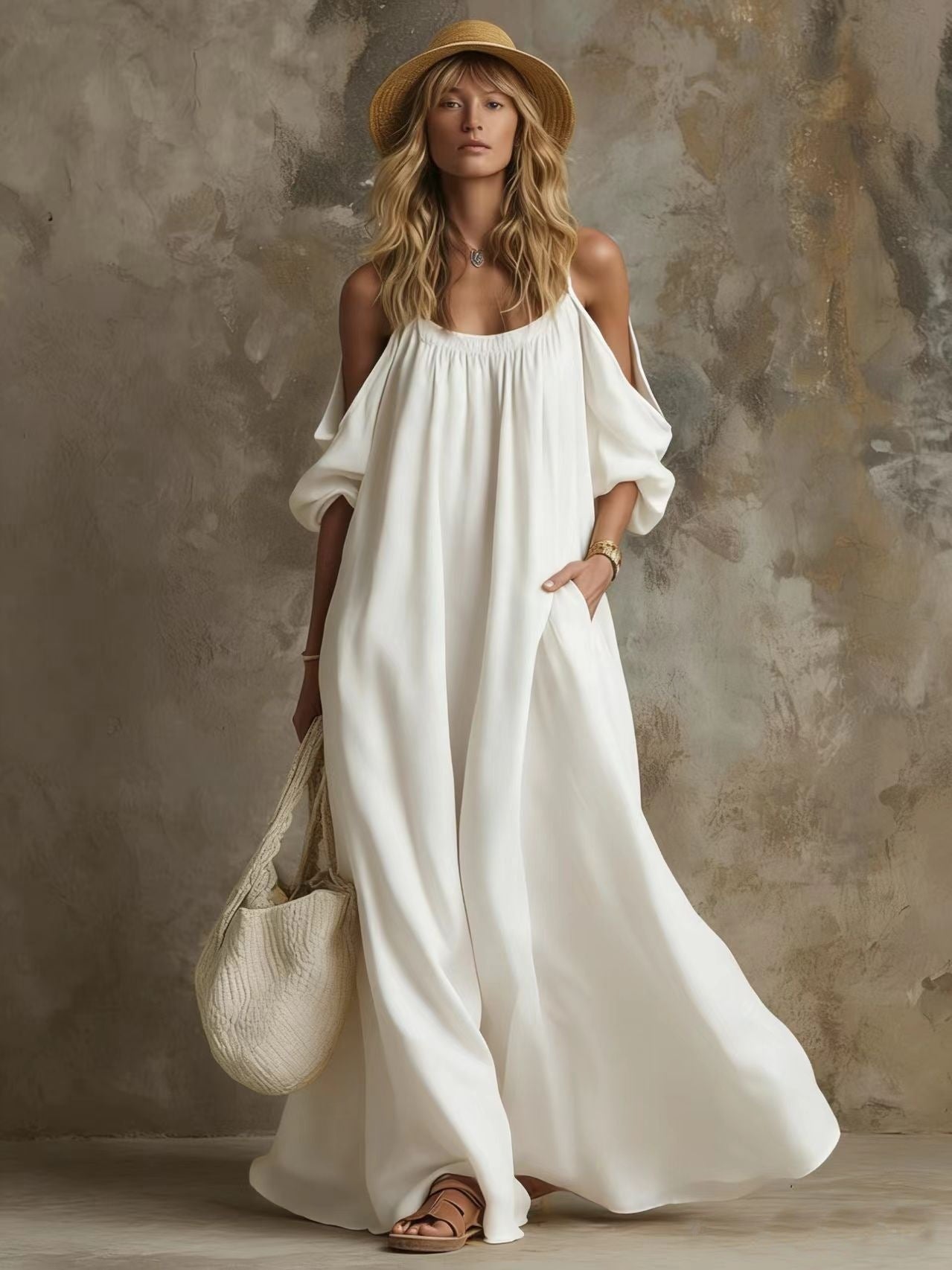 Luftiges Boho Kaftan Maxikleid mit Schulterauschnitt & Taschen – Eleganter Sommer-Traum