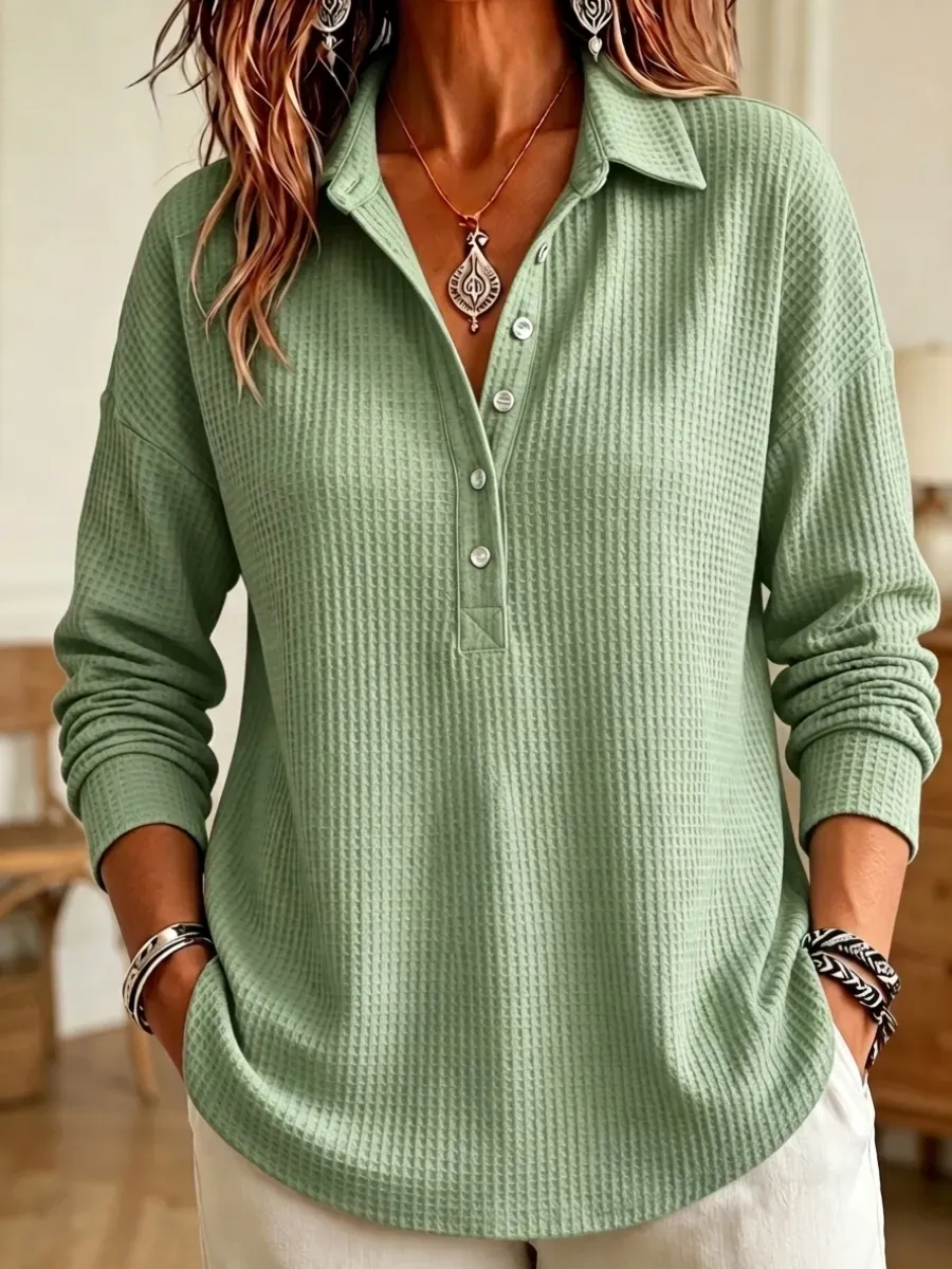 Evelyn™ Elegantes Longsleeve in Waffeloptik mit Henley-Kragen | Gemütliches Oberteil