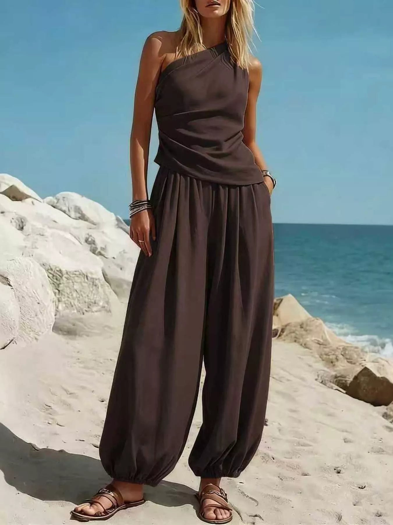 Elegantes 2-Teiler-Set mit Ein-Schulter-Top und Ballonhose – Bequem & Stilvoll