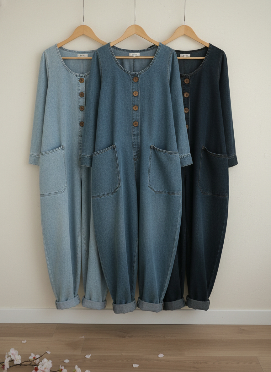 Freya™ Lässiger Denim-Overall mit U-Ausschnitt & Praktischen Taschen