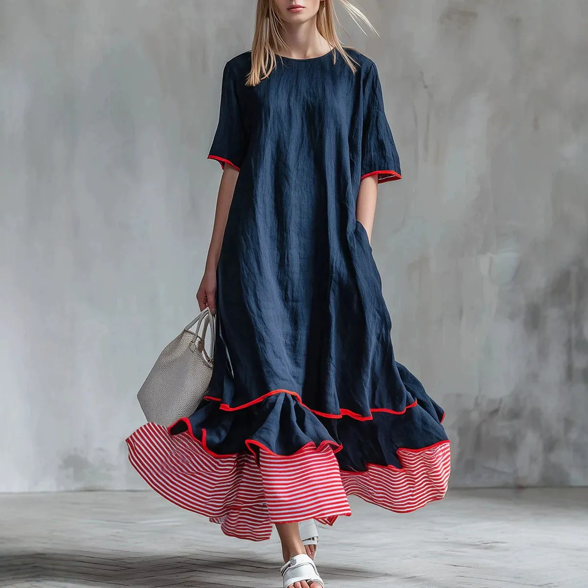 Leinen-Kleid Damen mit Taschen & Gestreiftem Saum
