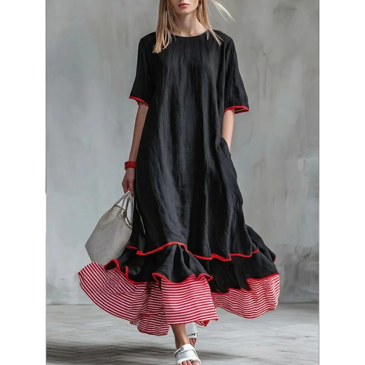 Leinen-Kleid Damen mit Taschen & Gestreiftem Saum