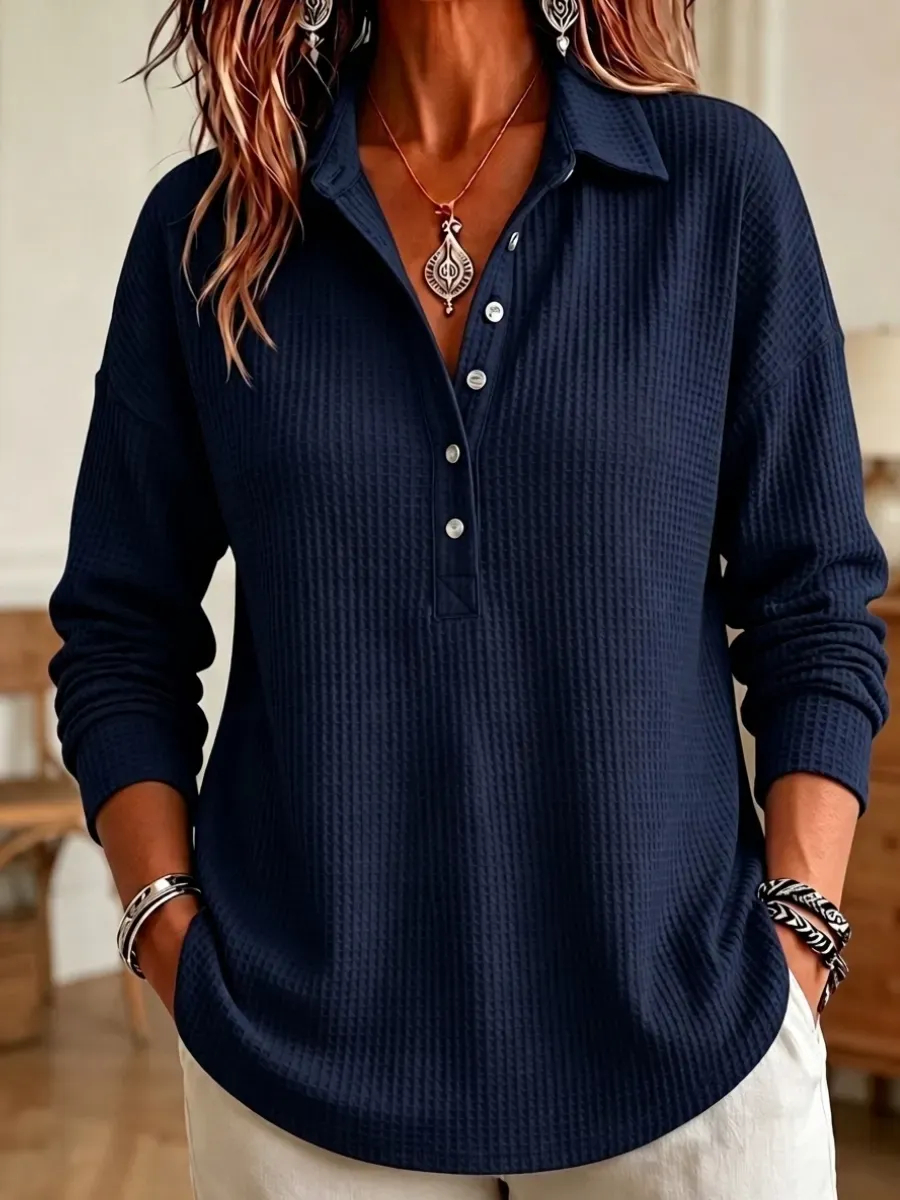 Evelyn™ Elegantes Longsleeve in Waffeloptik mit Henley-Kragen | Gemütliches Oberteil