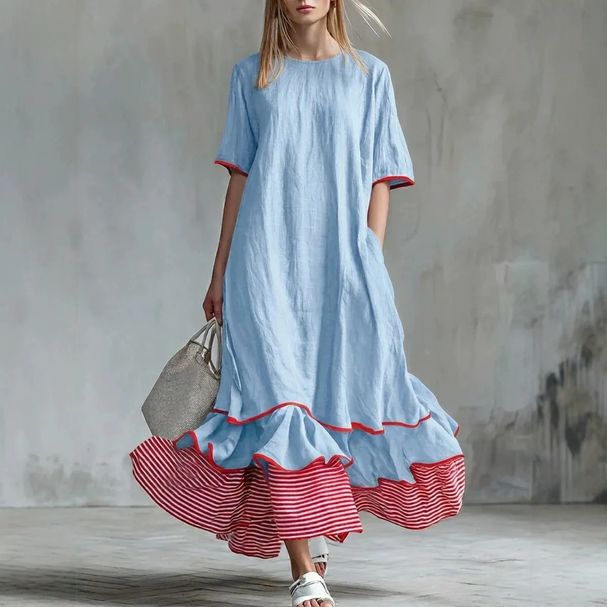 Leinen-Kleid Damen mit Taschen & Gestreiftem Saum