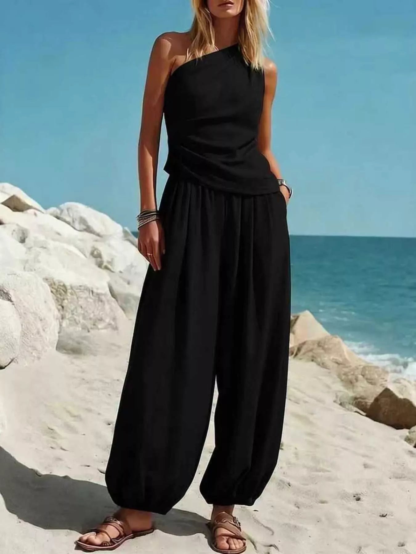 Elegantes 2-Teiler-Set mit Ein-Schulter-Top und Ballonhose – Bequem & Stilvoll