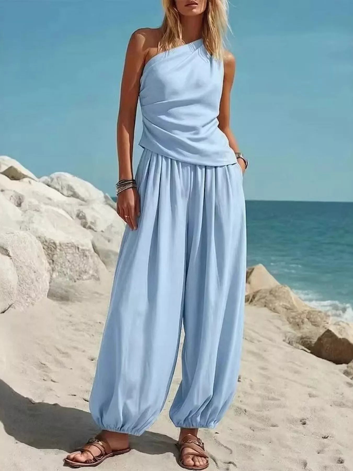 Elegantes 2-Teiler-Set mit Ein-Schulter-Top und Ballonhose – Bequem & Stilvoll